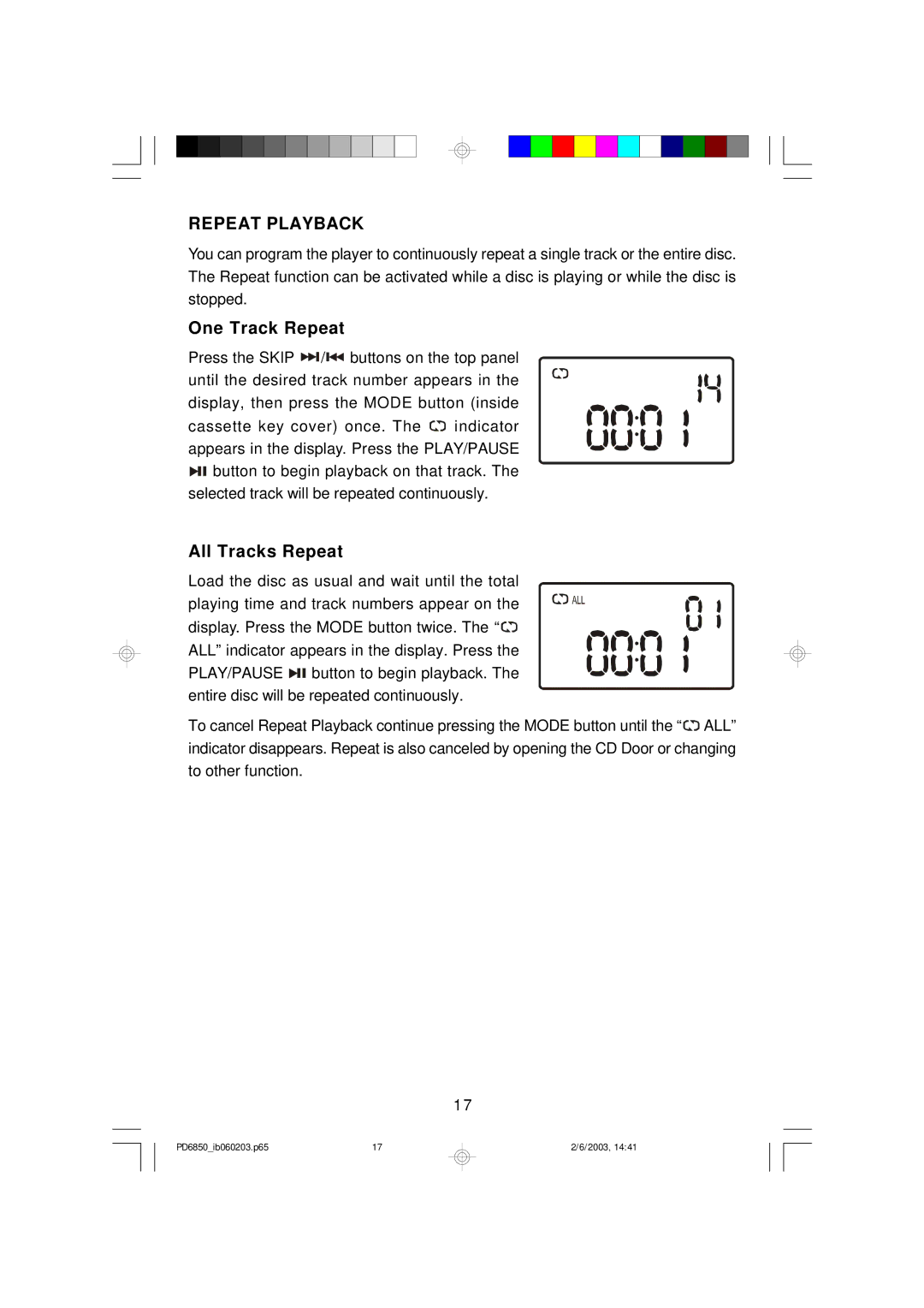 Emerson PD6850 owner manual Repeat Playback, One Track Repeat, All Tracks Repeat 