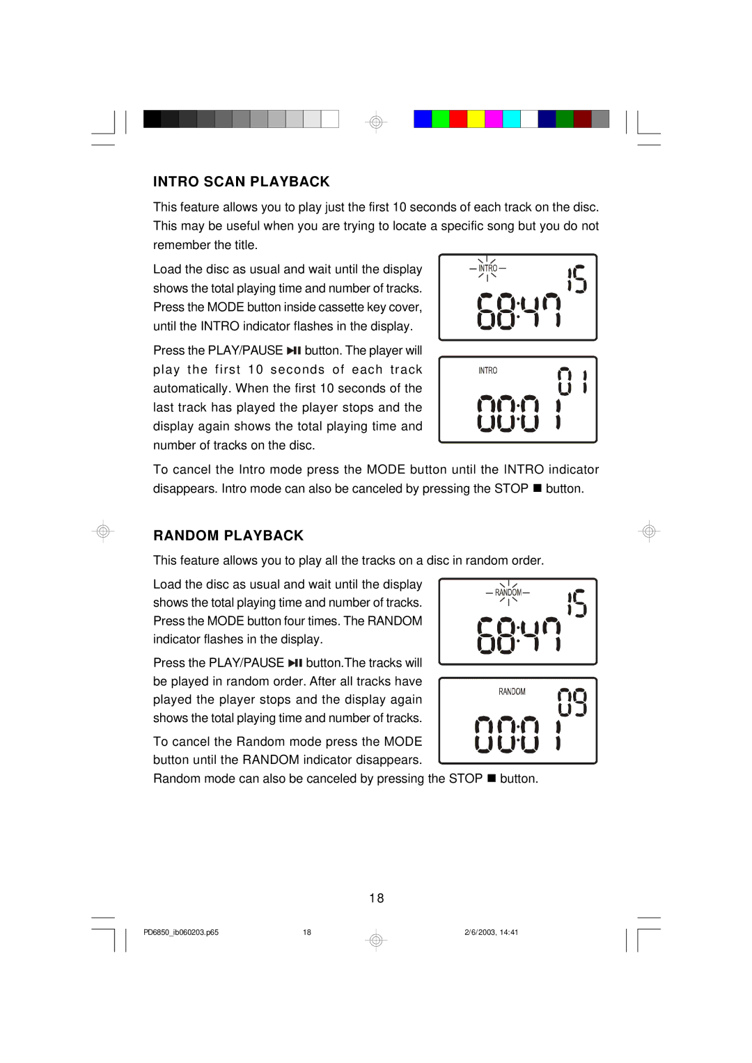 Emerson PD6850 owner manual Intro Scan Playback, Random Playback 