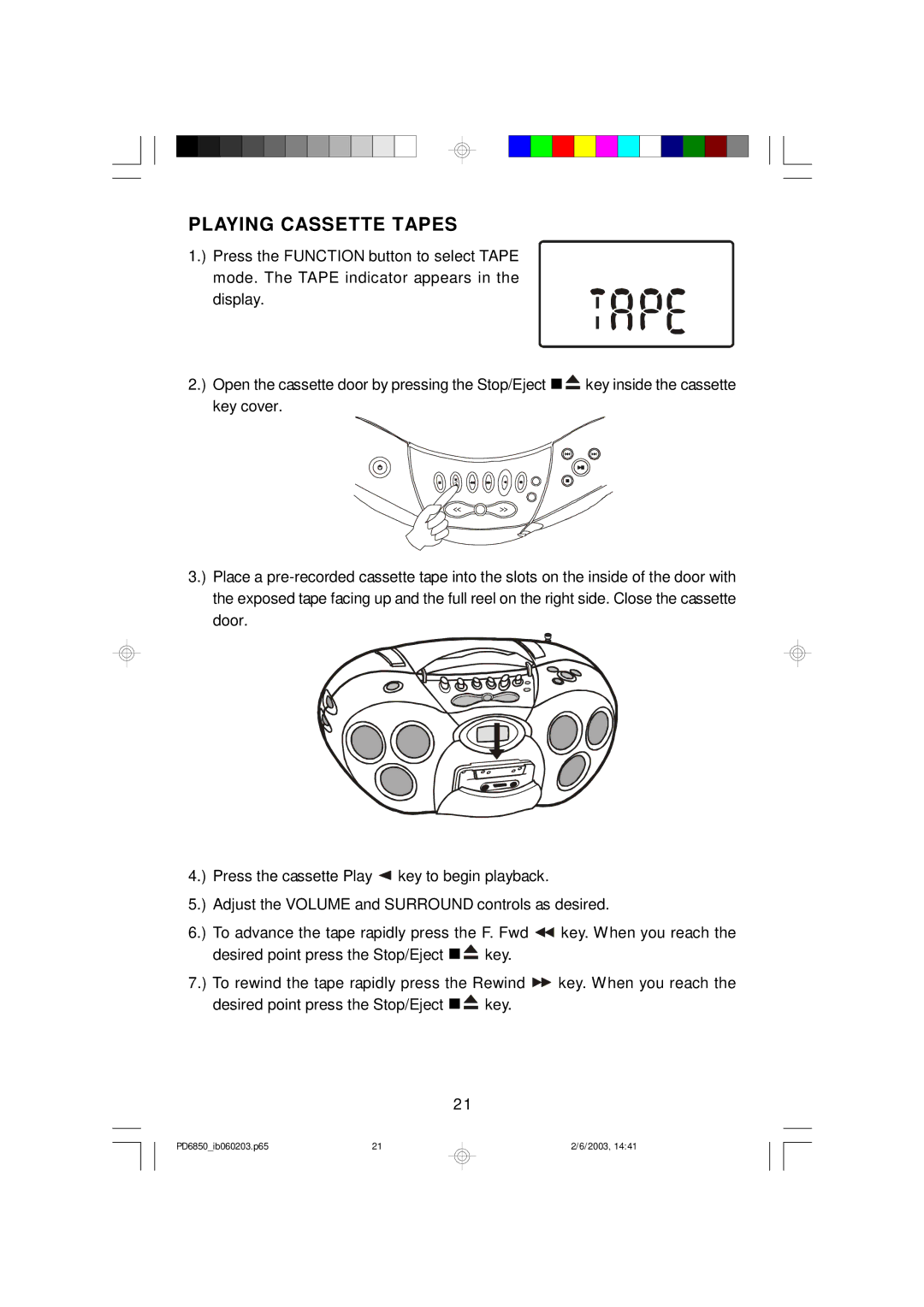 Emerson PD6850 owner manual Playing Cassette Tapes 