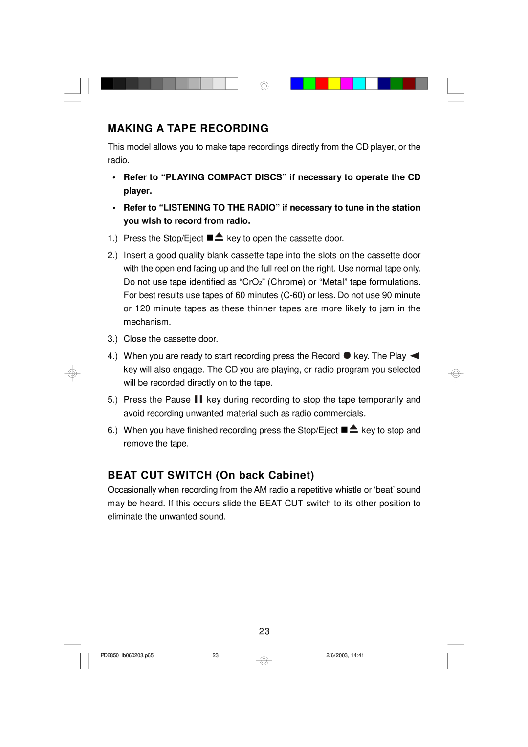 Emerson PD6850 owner manual Making a Tape Recording, Beat CUT Switch On back Cabinet 