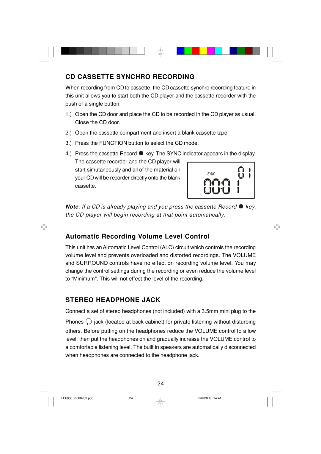 Emerson PD6850 owner manual CD Cassette Synchro Recording, Stereo Headphone Jack 