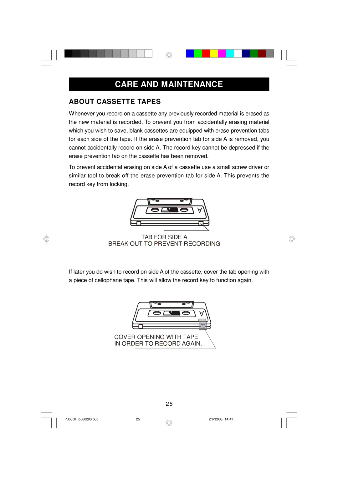 Emerson PD6850 owner manual Care and Maintenance, About Cassette Tapes 