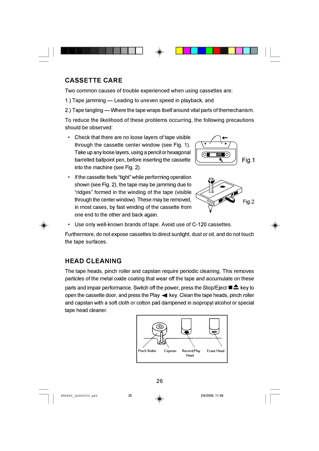 Emerson PD6850 owner manual Cassette Care, Head Cleaning 