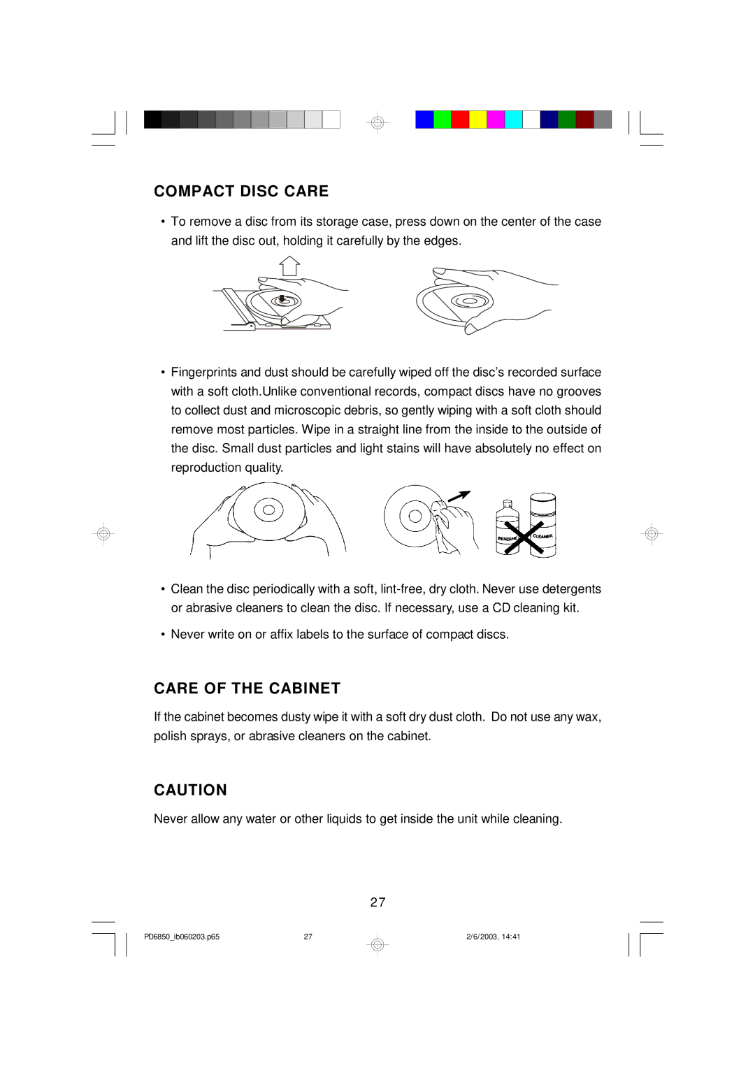 Emerson PD6850 owner manual Compact Disc Care, Care of the Cabinet 