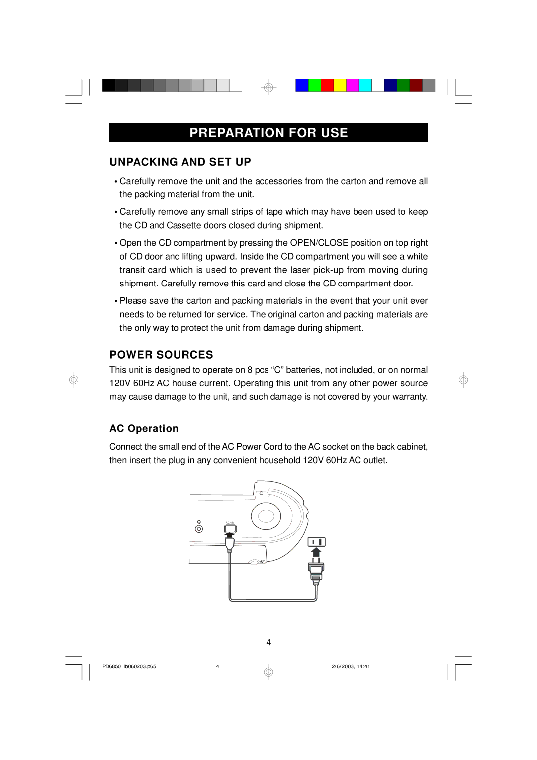 Emerson PD6850 owner manual Preparation for USE, Unpacking and SET UP, Power Sources, AC Operation 