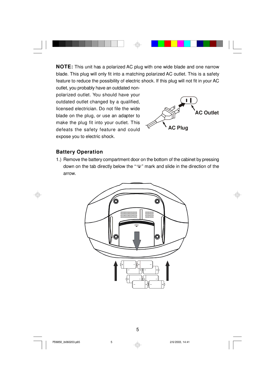 Emerson PD6850 owner manual Battery Operation 