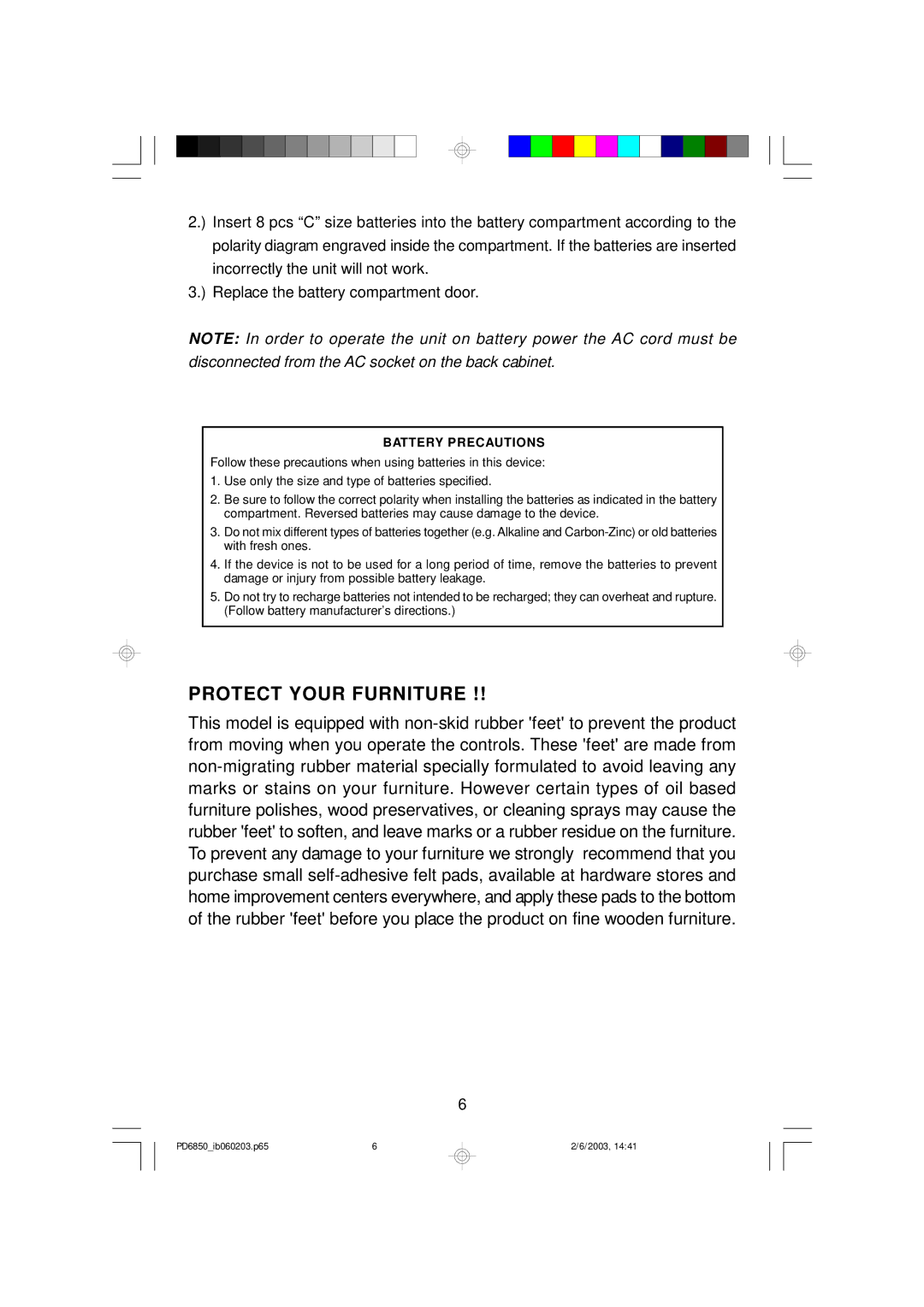 Emerson PD6850 owner manual Protect Your Furniture, Battery Precautions 