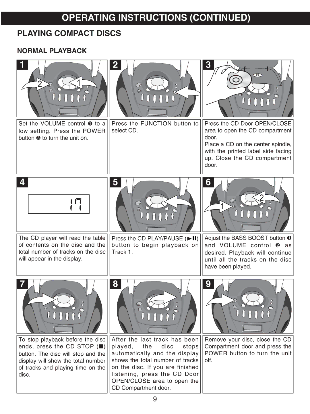 Emerson PD6870CH, PD6870RD owner manual Playing Compact Discs, Normal Playback 