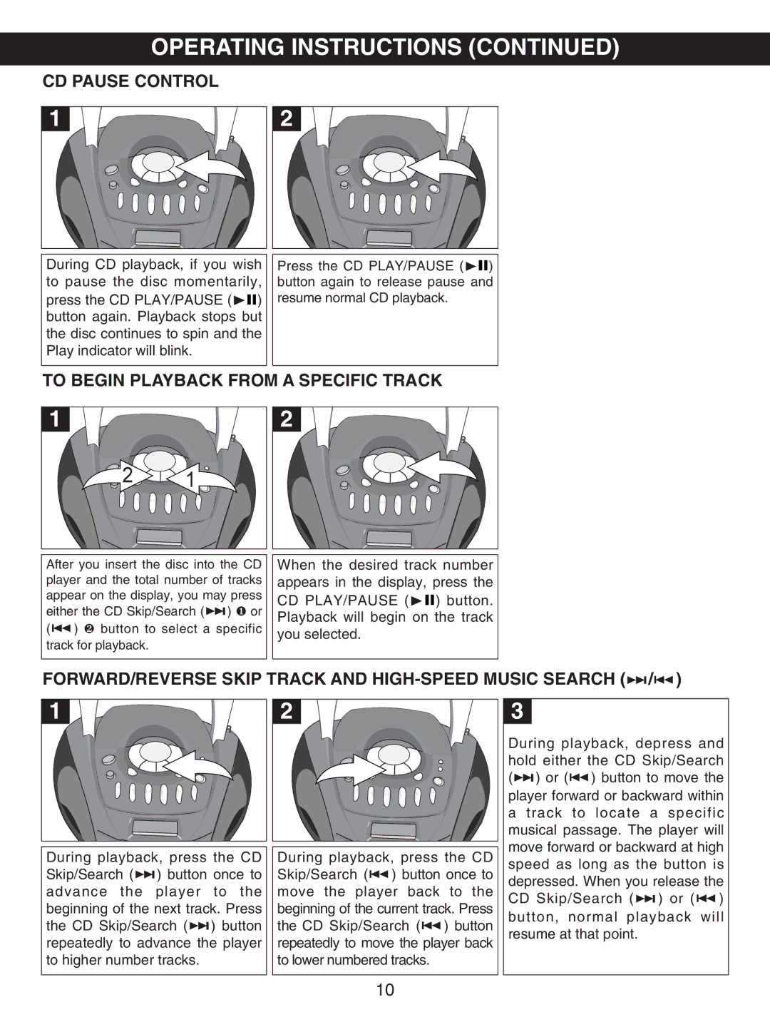 Emerson PD6870RD, PD6870CH owner manual CD Pause Control, To Begin Playback from a Specific Track 