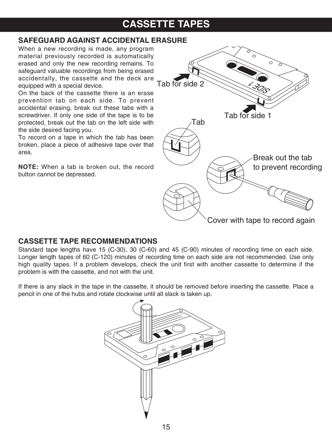 Emerson PD6870CH, PD6870RD owner manual Cassette Tapes, Safeguard Against Accidental Erasure, Cassette Tape Recommendations 