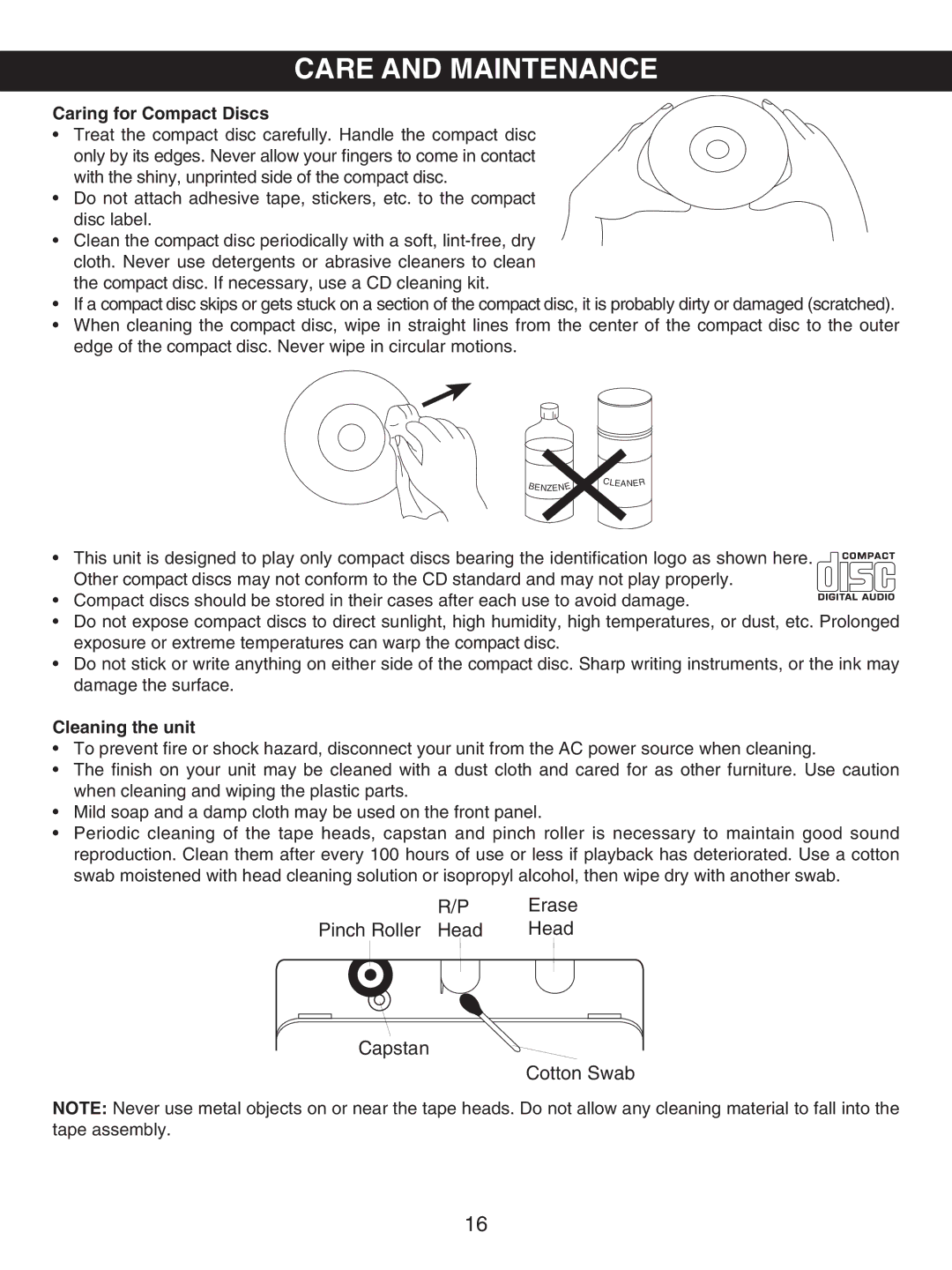 Emerson PD6870RD, PD6870CH owner manual Care and Maintenance, Caring for Compact Discs 