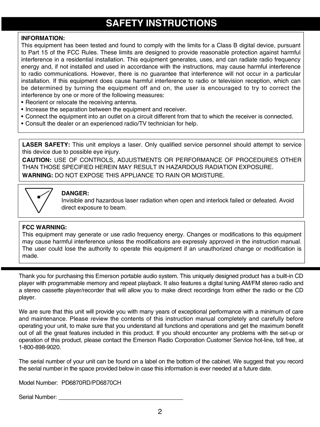 Emerson PD6870RD, PD6870CH owner manual Safety Instructions, Information 