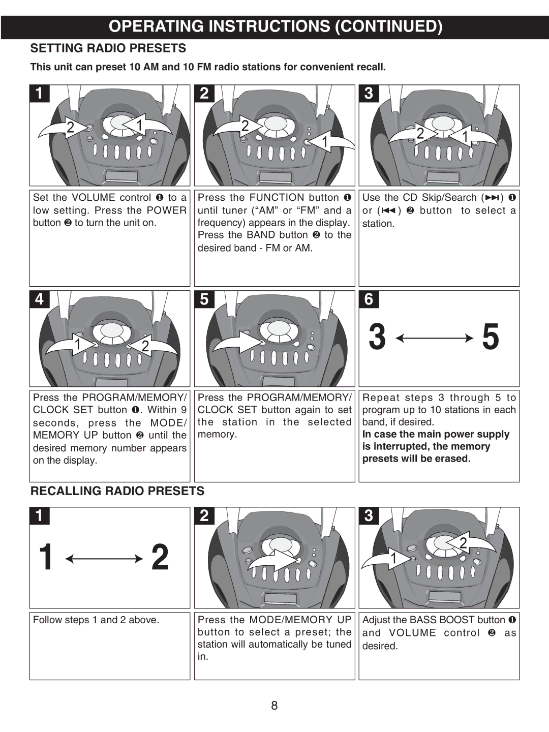 Emerson PD6870RD, PD6870CH owner manual Setting Radio Presets, Recalling Radio Presets 