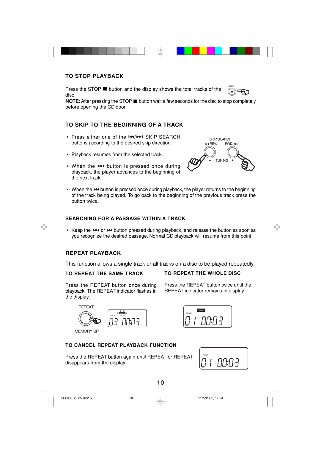 Emerson PD6900 owner manual To Stop Playback, To Skip to the Beginning of a Track, Repeat Playback 