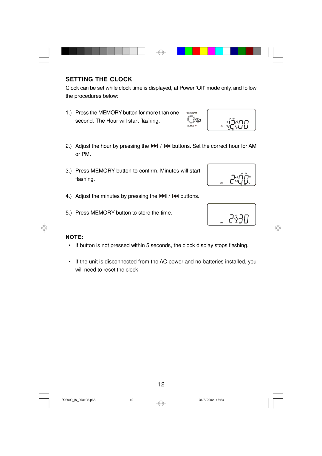 Emerson PD6900 owner manual Setting the Clock 