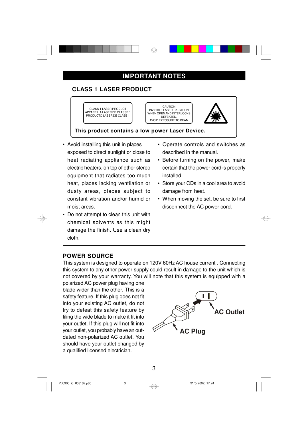 Emerson PD6900 owner manual Important Notes, Class 1 Laser Product, Power Source 