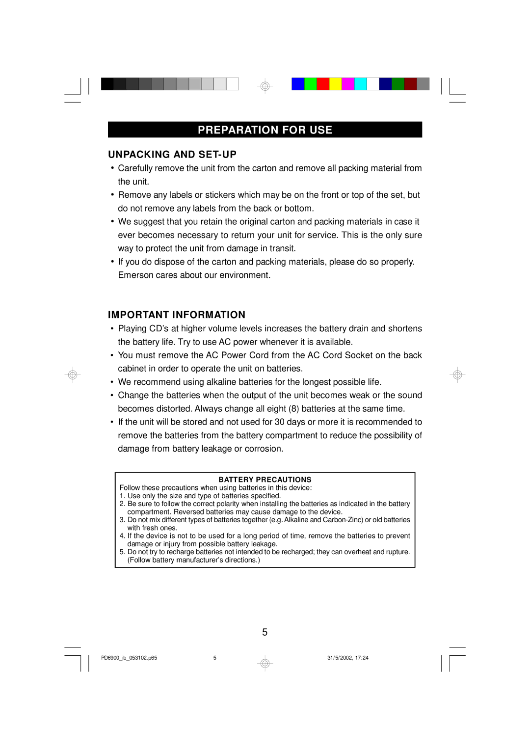 Emerson PD6900 owner manual Preparation for USE, Unpacking and SET-UP, Important Information 