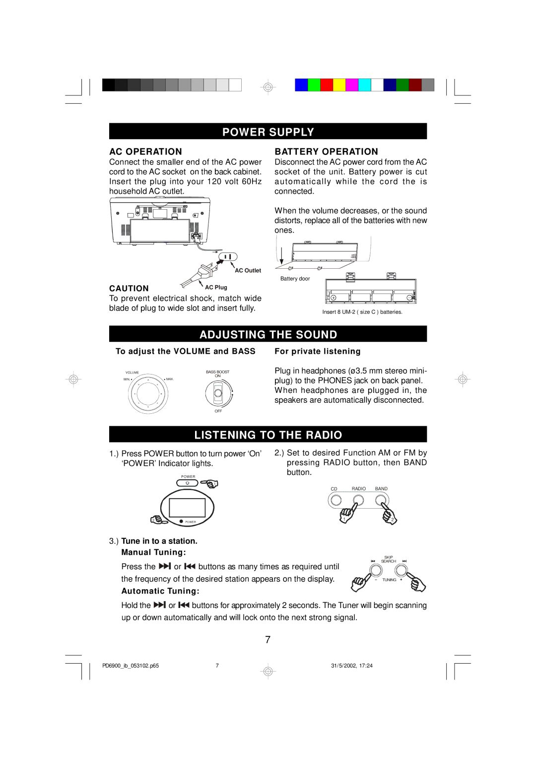 Emerson PD6900 owner manual Power Supply, Adjusting the Sound, Listening to the Radio, AC Operation, Battery Operation 