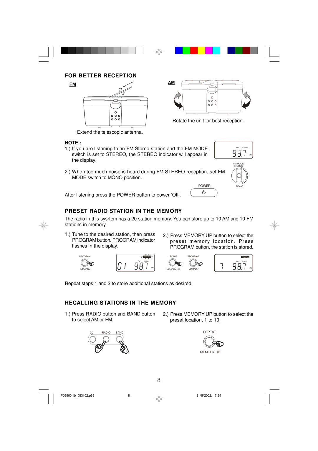 Emerson PD6900 owner manual For Better Reception, Preset Radio Station in the Memory, Recalling Stations in the Memory 