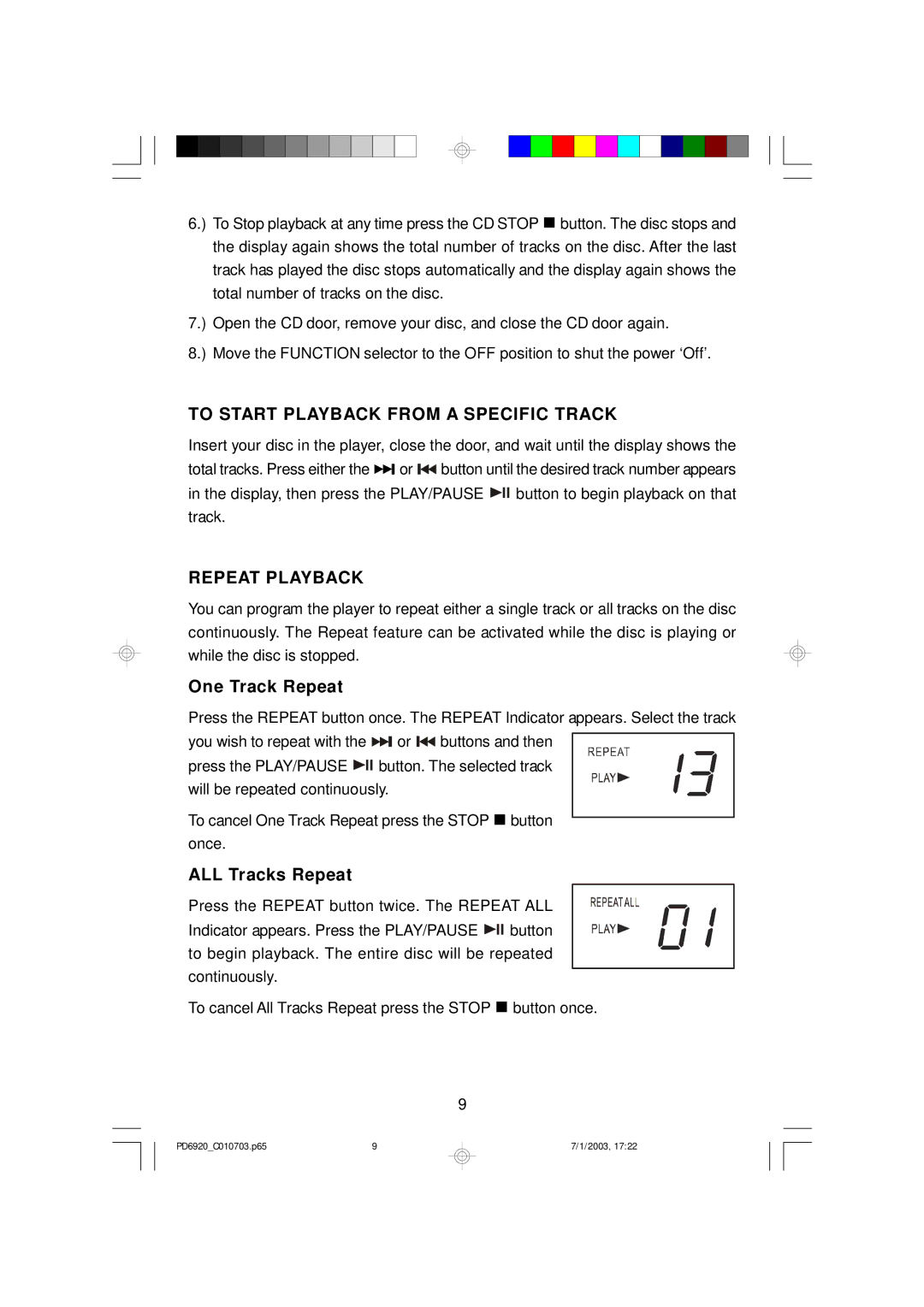 Emerson PD6920 owner manual One Track Repeat, ALL Tracks Repeat 