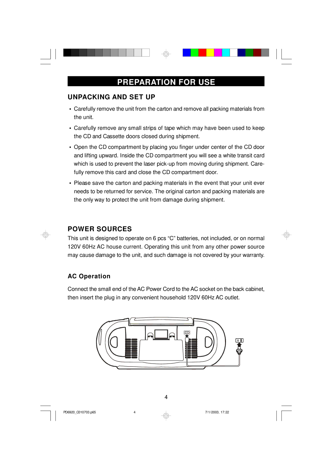 Emerson PD6920 owner manual Preparation for USE, Unpacking and SET UP, Power Sources, AC Operation 