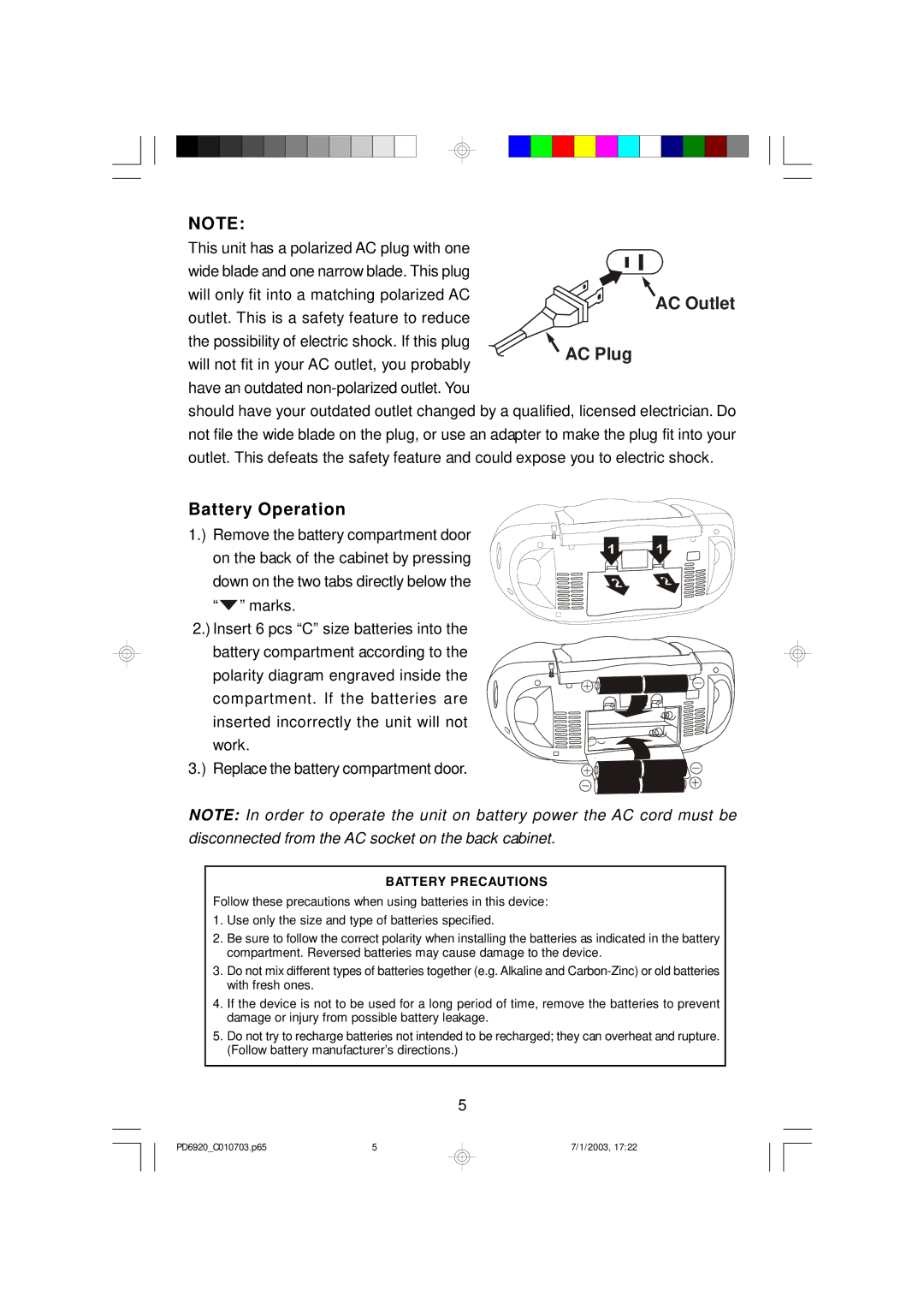 Emerson PD6920 owner manual Battery Operation, Battery Precautions 