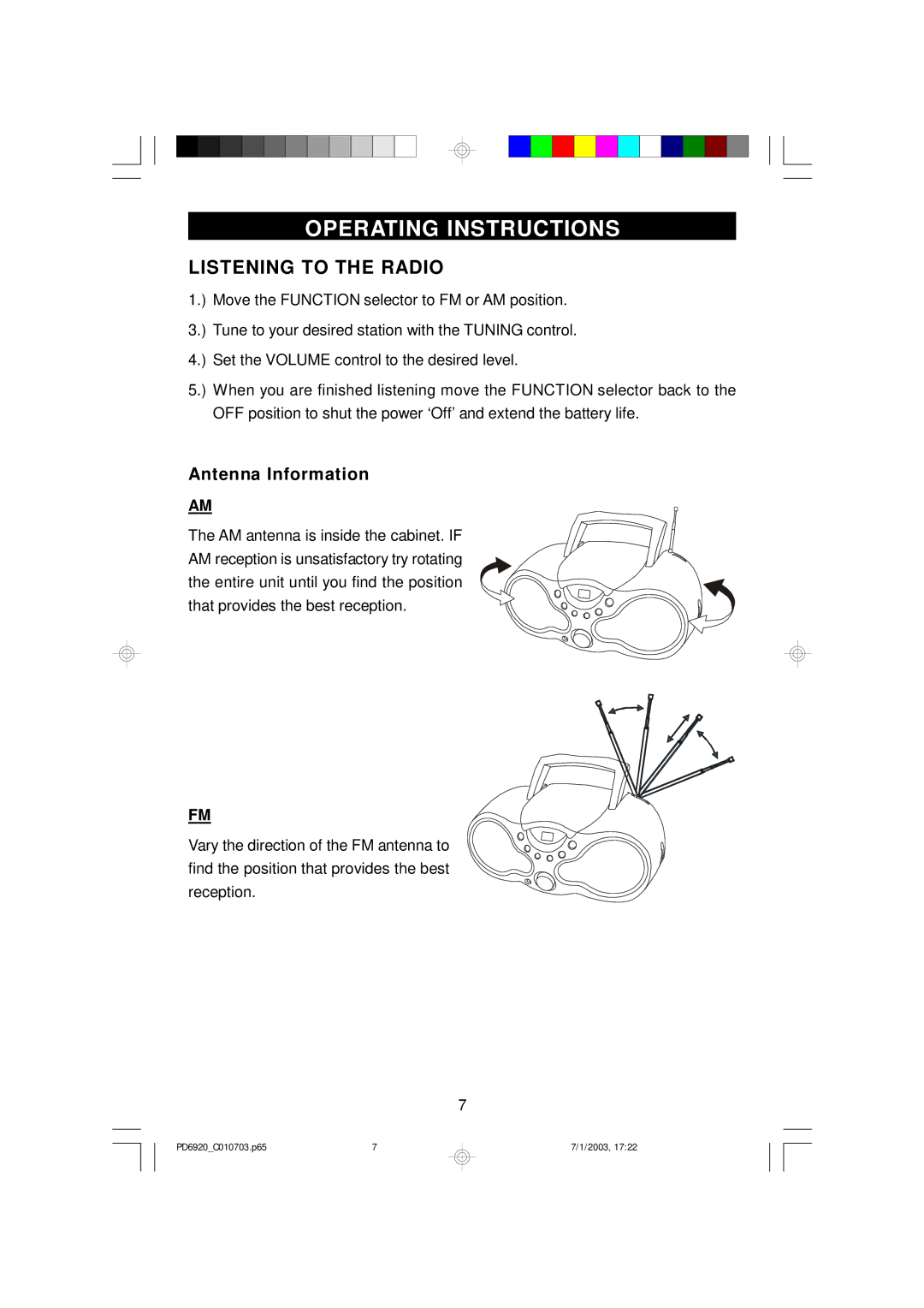 Emerson PD6920 owner manual Operating Instructions, Listening to the Radio, Antenna Information 