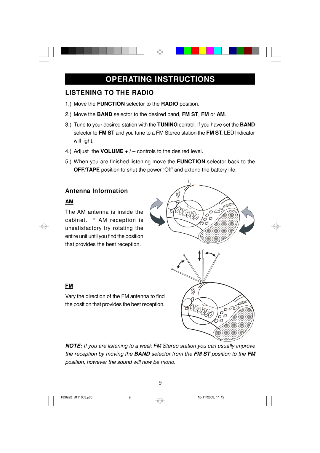 Emerson PD6922 owner manual Operating Instructions, Listening to the Radio, Antenna Information 