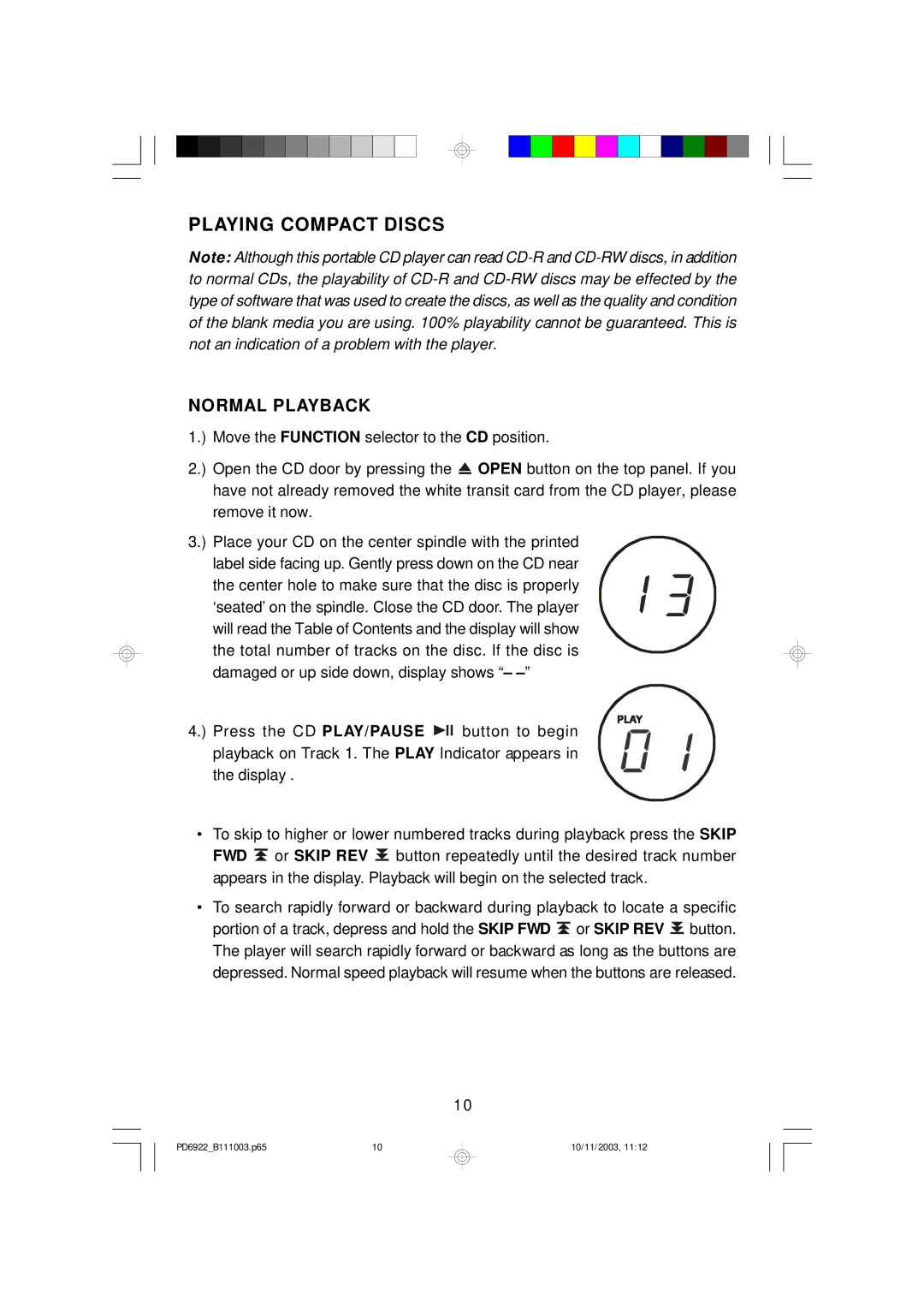 Emerson PD6922 owner manual Playing Compact Discs, Normal Playback 