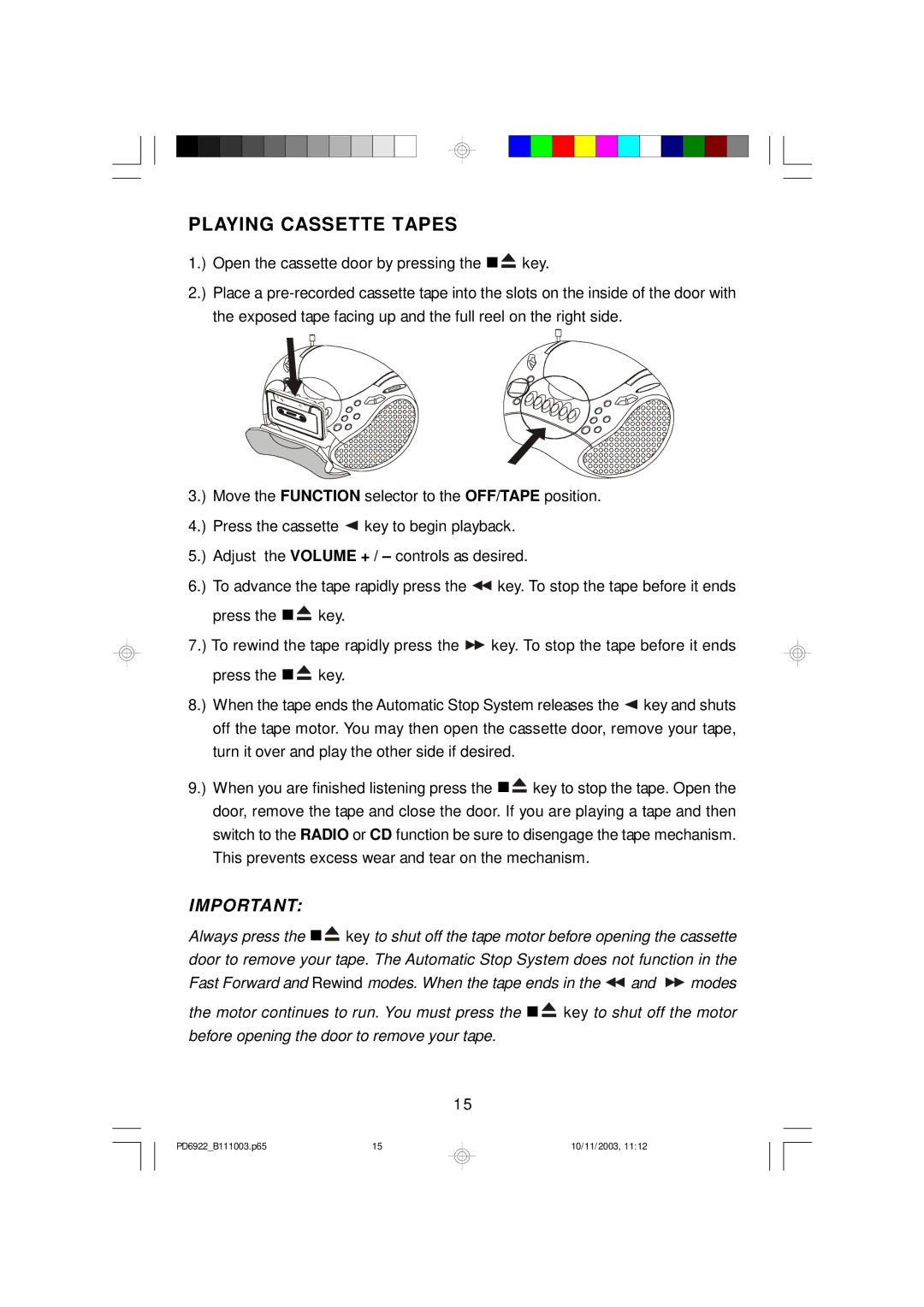 Emerson PD6922 owner manual Playing Cassette Tapes 