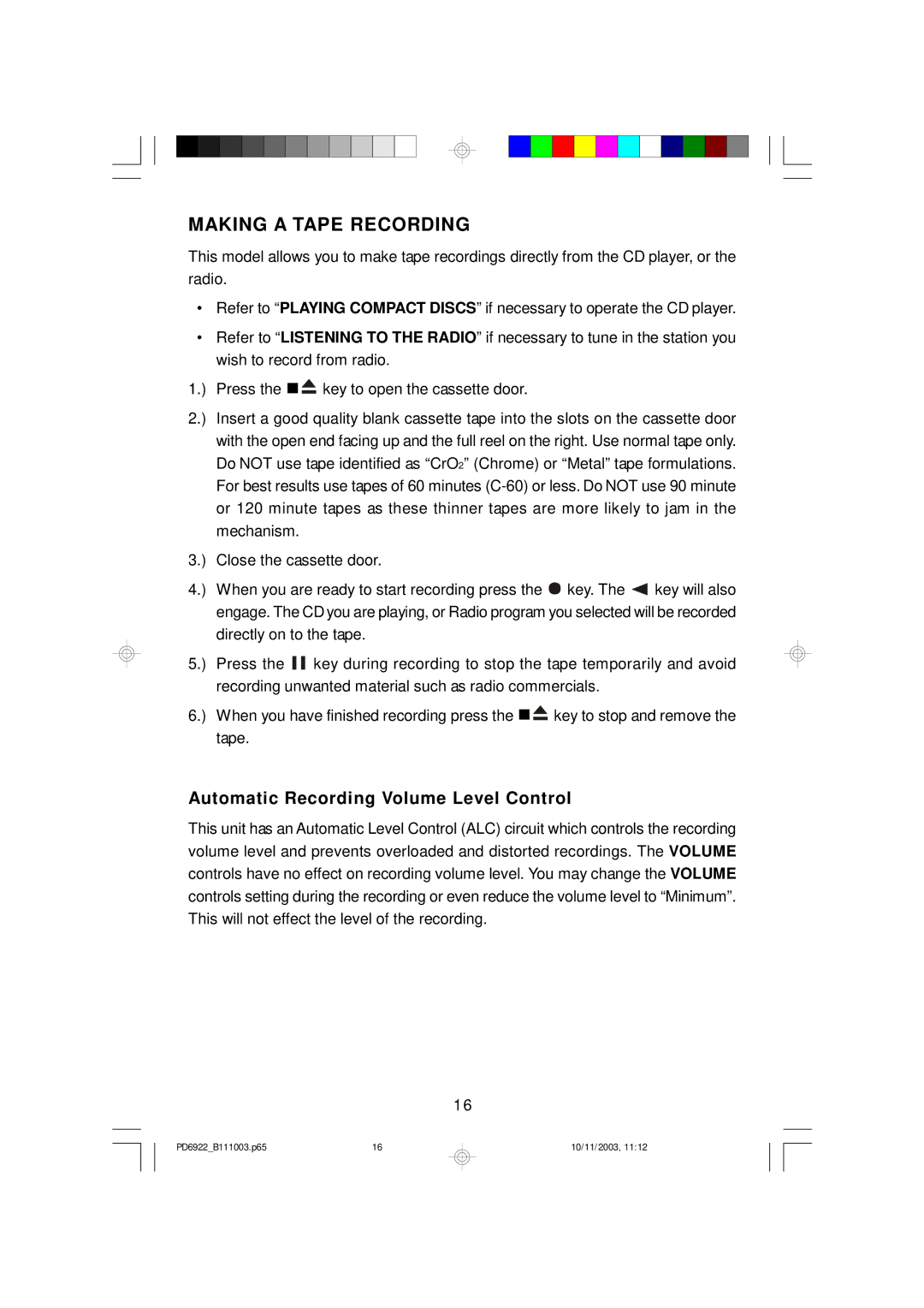 Emerson PD6922 owner manual Making a Tape Recording, Automatic Recording Volume Level Control 