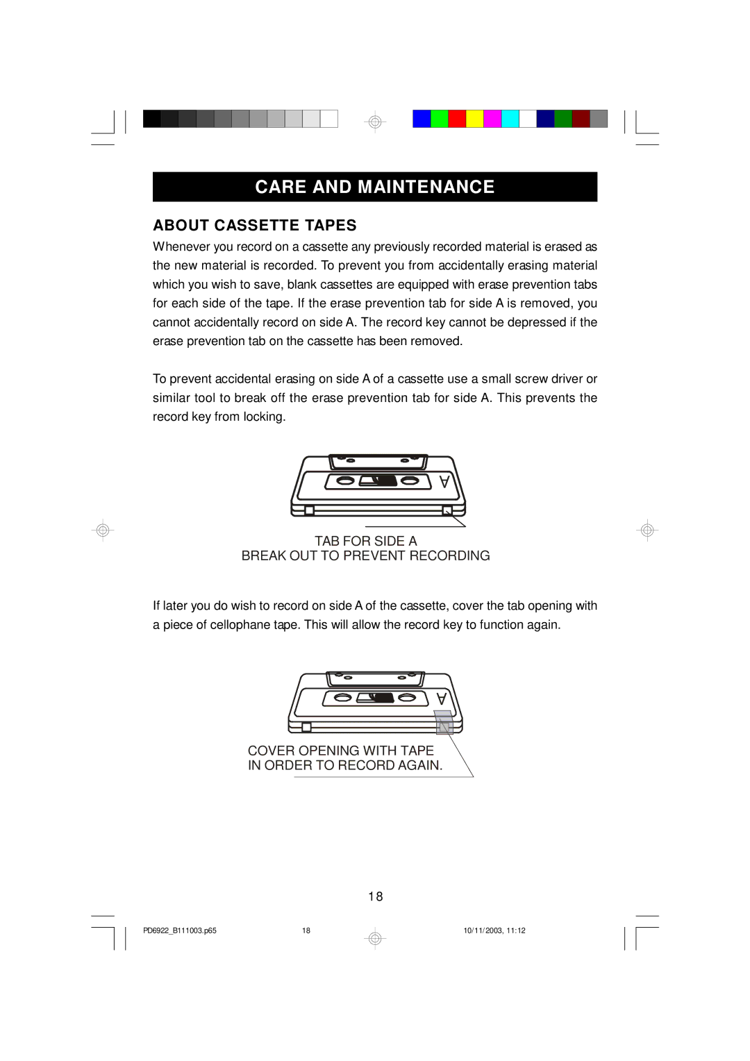 Emerson PD6922 owner manual Care and Maintenance, About Cassette Tapes 