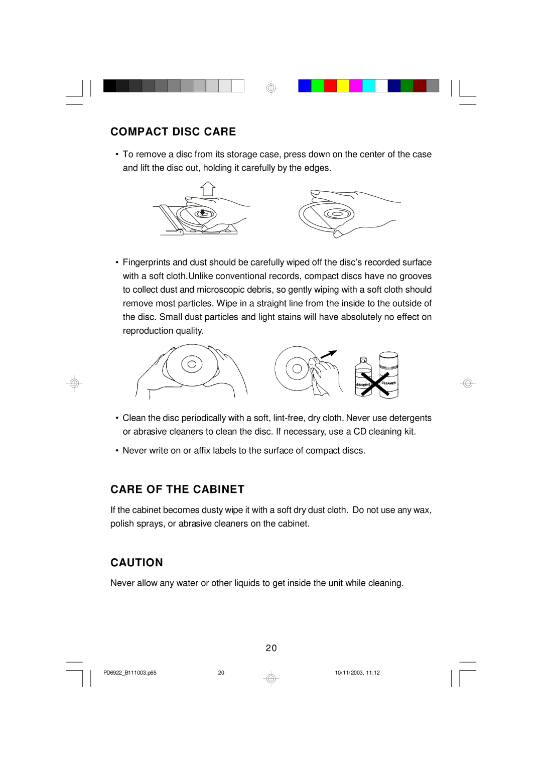 Emerson PD6922 owner manual Compact Disc Care, Care of the Cabinet 