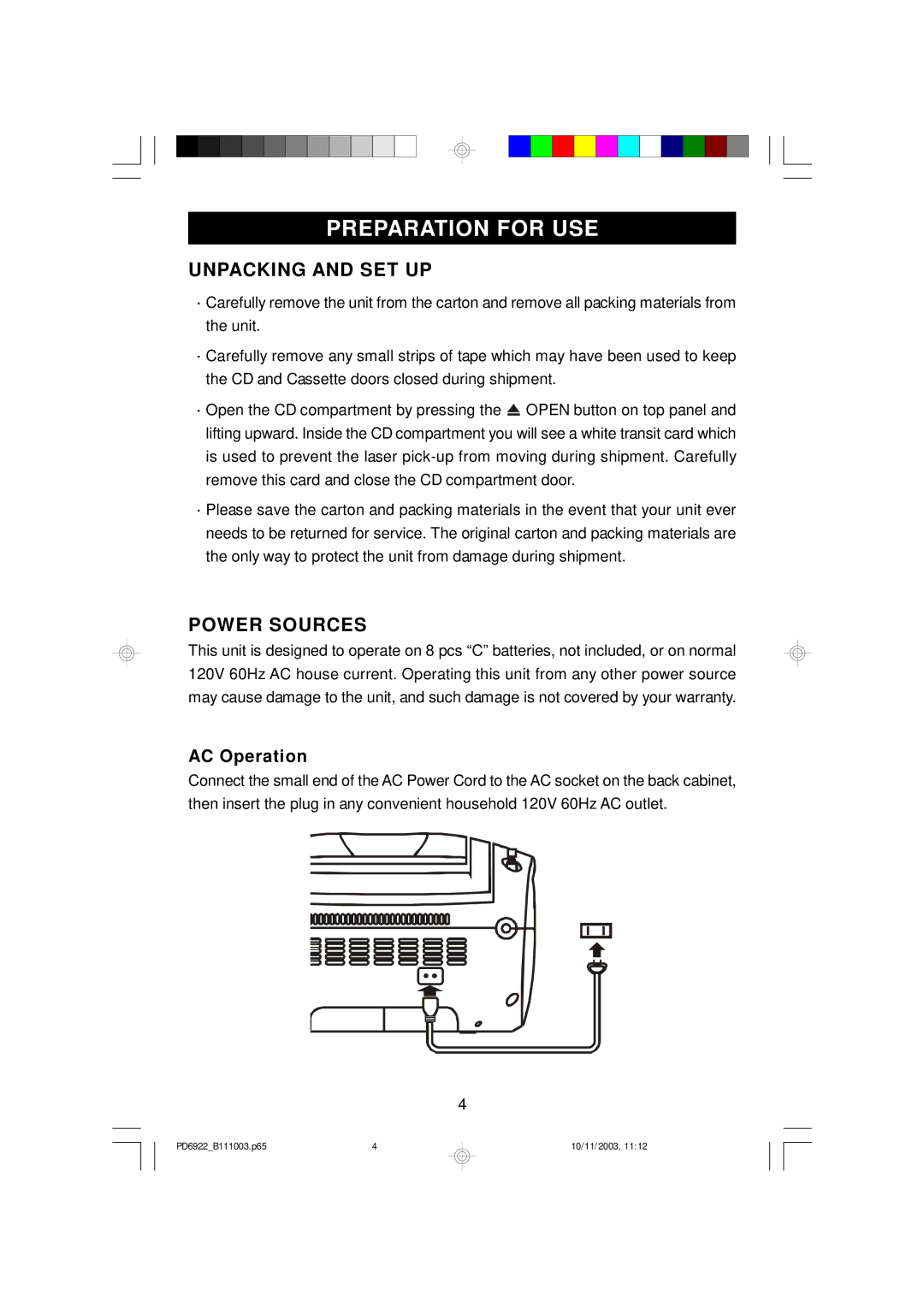 Emerson PD6922 owner manual Preparation for USE, Unpacking and SET UP, Power Sources, AC Operation 