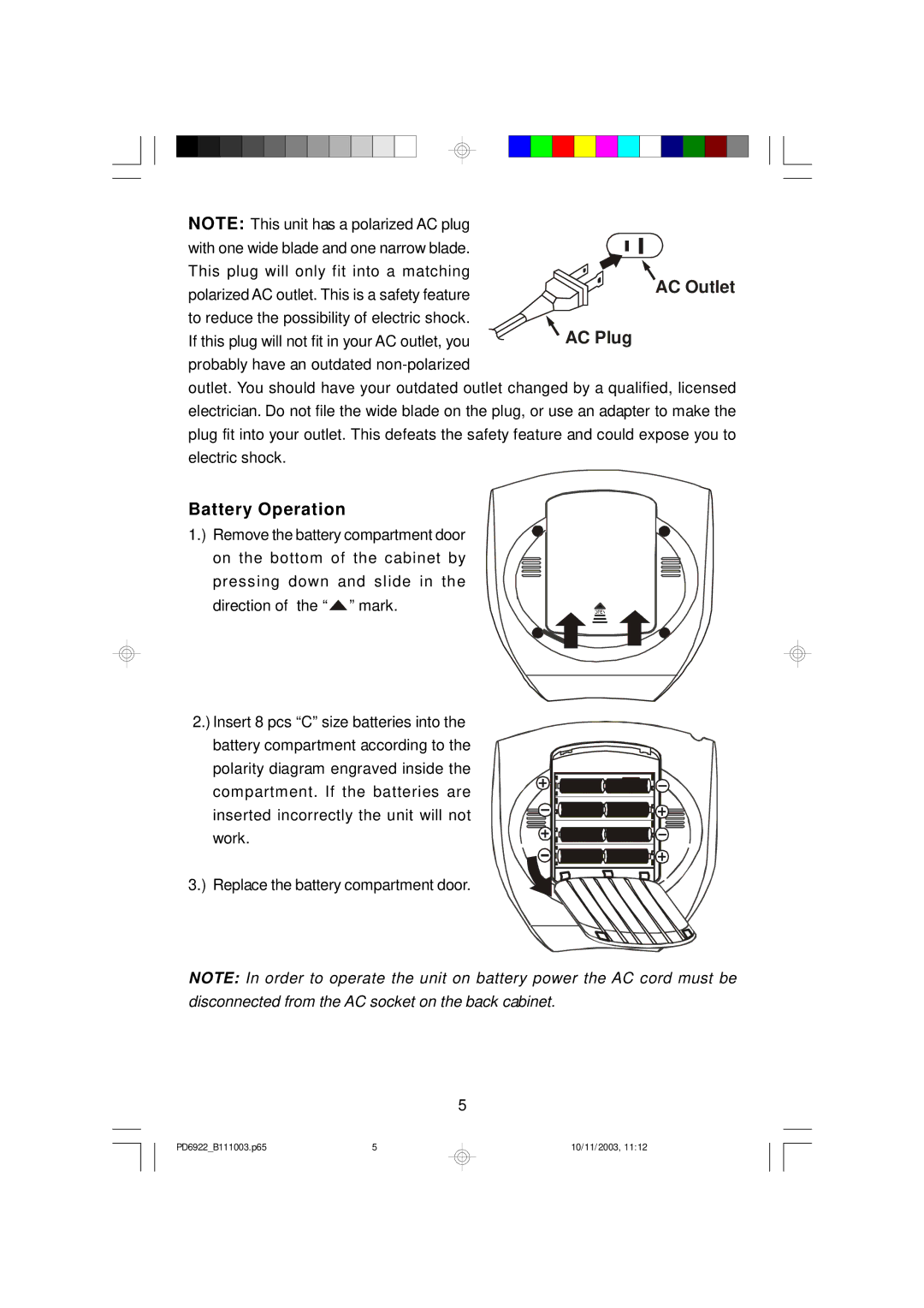 Emerson PD6922 owner manual Battery Operation 