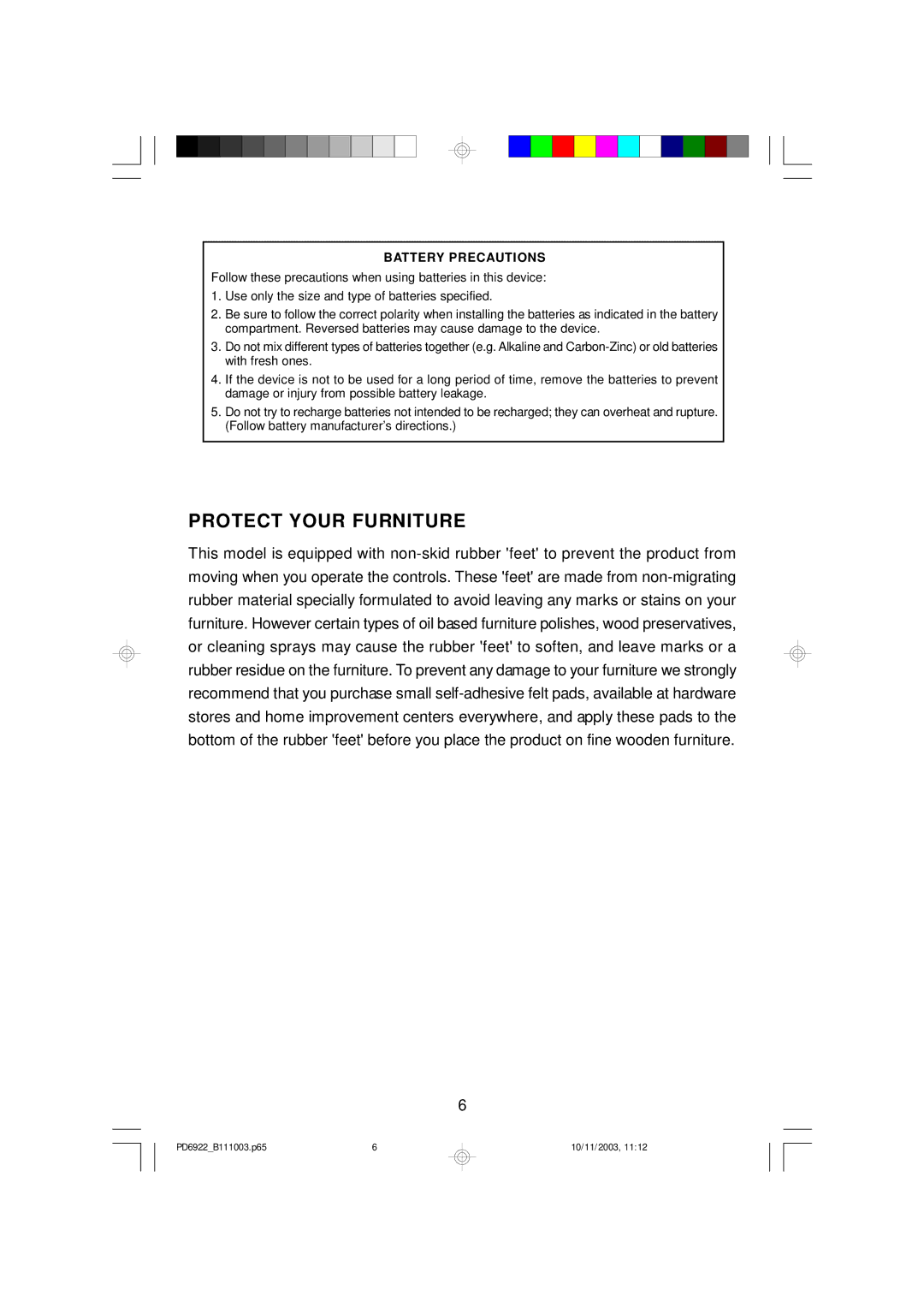 Emerson PD6922 owner manual Protect Your Furniture, Battery Precautions 