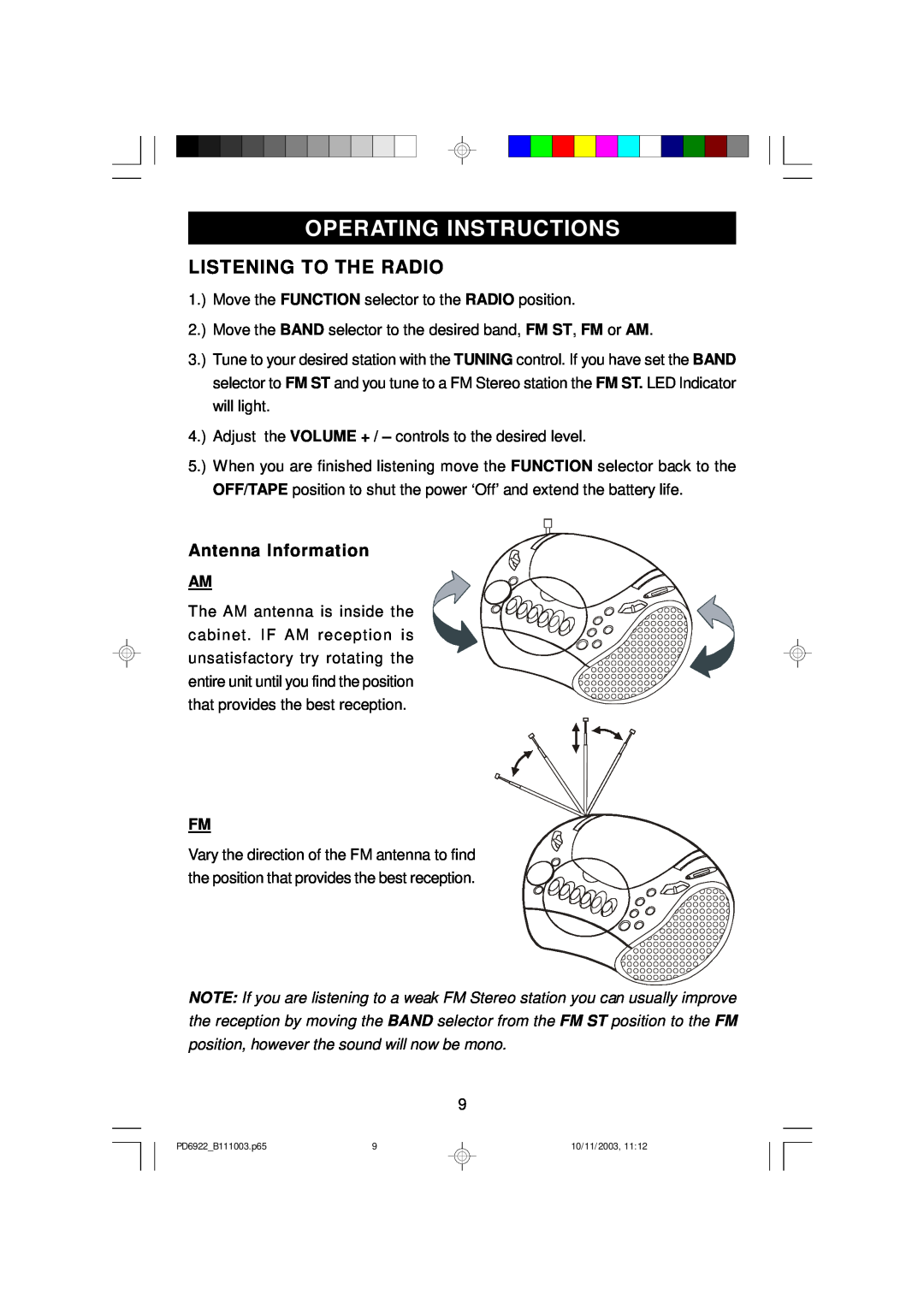 Emerson PD6922 owner manual Operating Instructions, Listening To The Radio, Antenna Information 