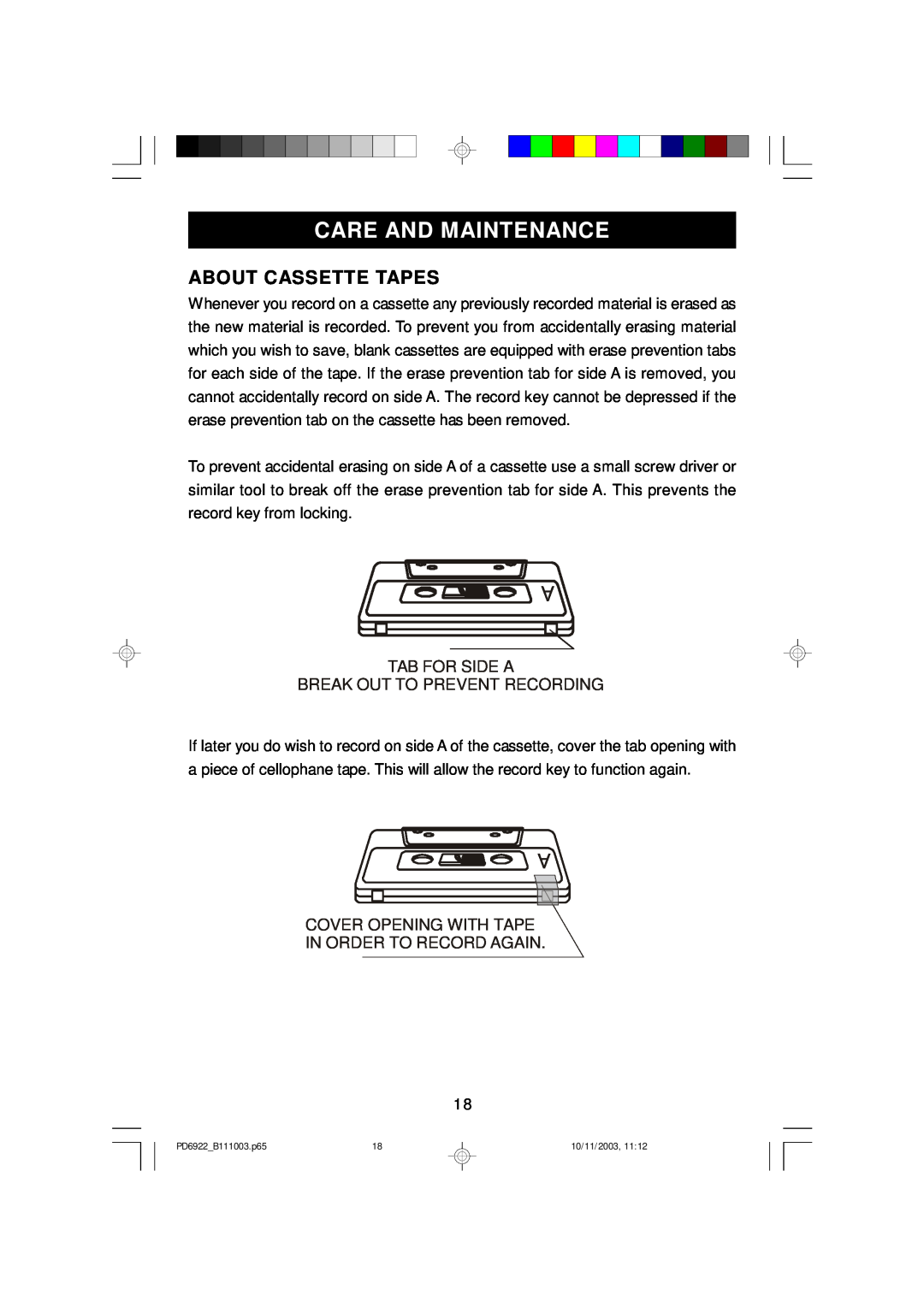 Emerson PD6922 owner manual Care And Maintenance, About Cassette Tapes, Tab For Side A Break Out To Prevent Recording 