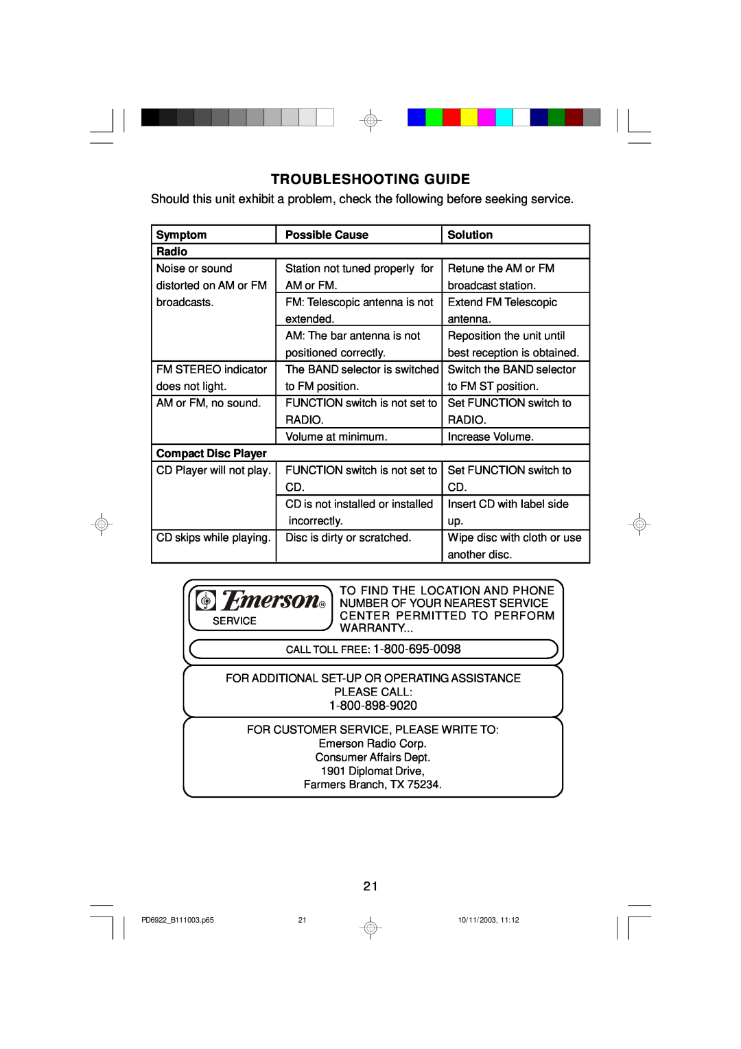 Emerson PD6922 owner manual Troubleshooting Guide, Symptom, Possible Cause, Solution, Radio, Compact Disc Player 