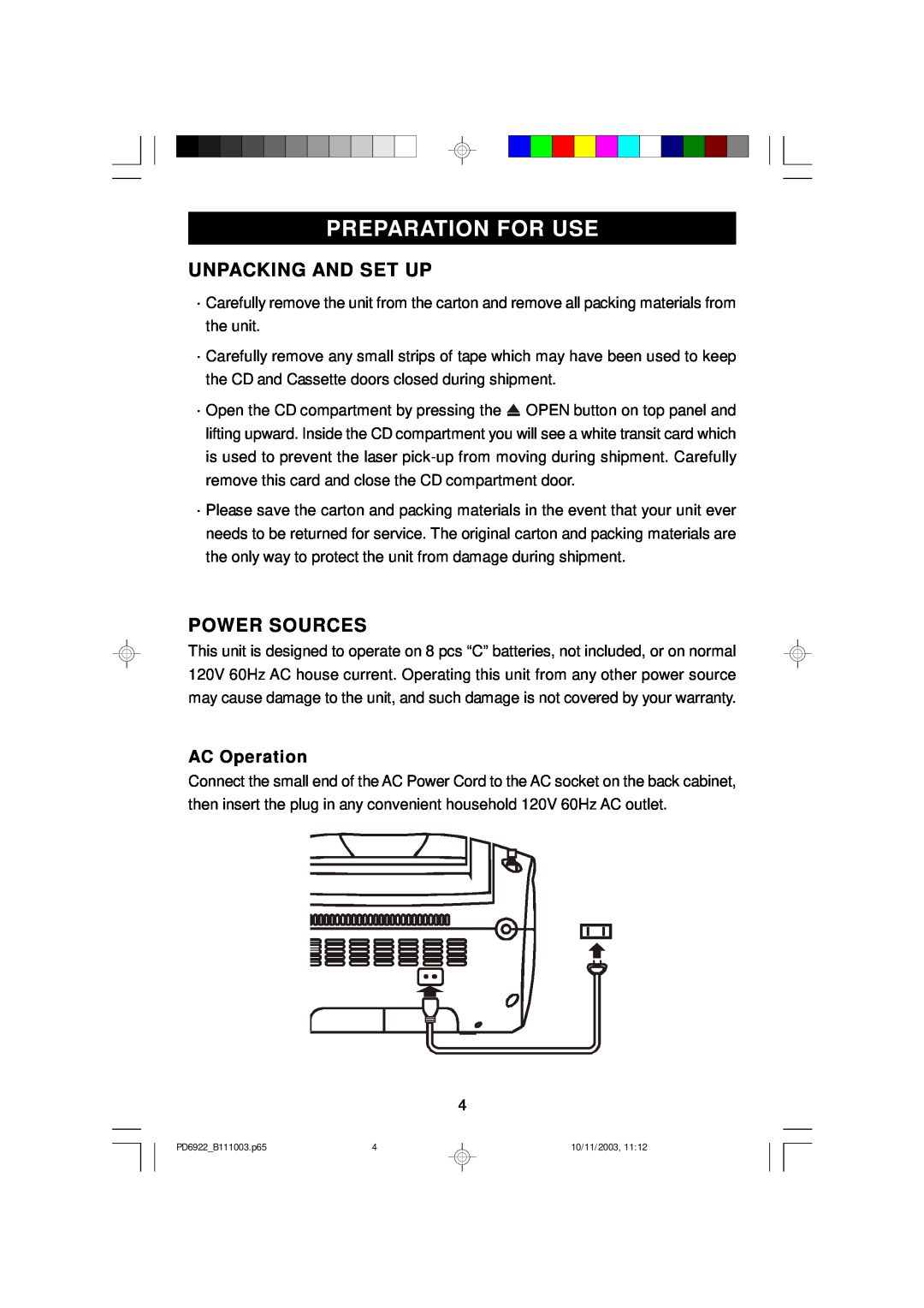 Emerson PD6922 owner manual Preparation For Use, Unpacking And Set Up, Power Sources, AC Operation 