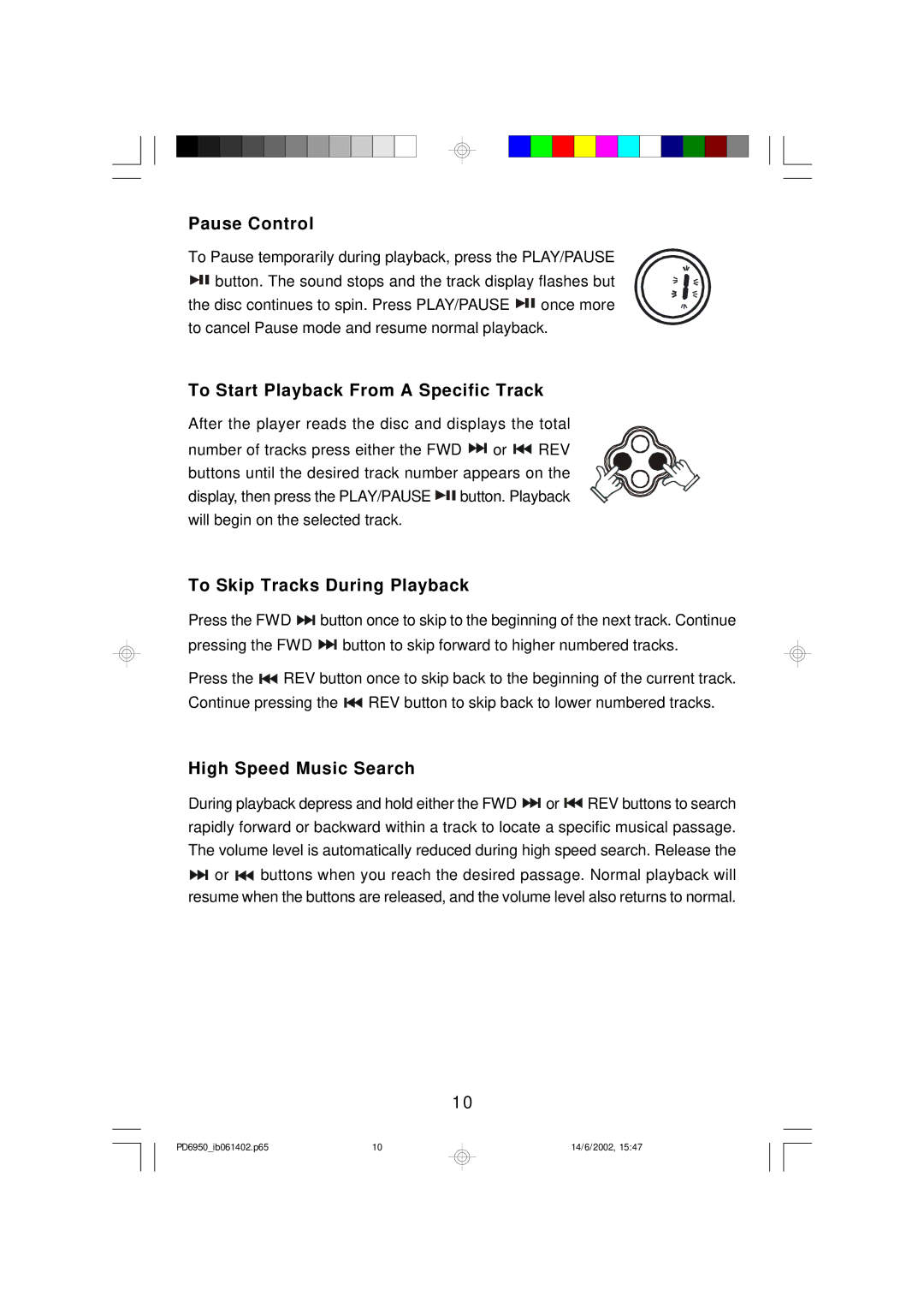 Emerson PD6950 owner manual Pause Control, To Start Playback From a Specific Track, To Skip Tracks During Playback 