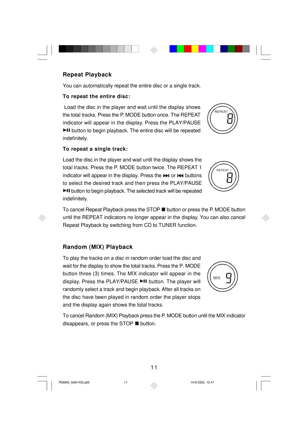 Emerson PD6950 owner manual Repeat Playback, Random MIX Playback 