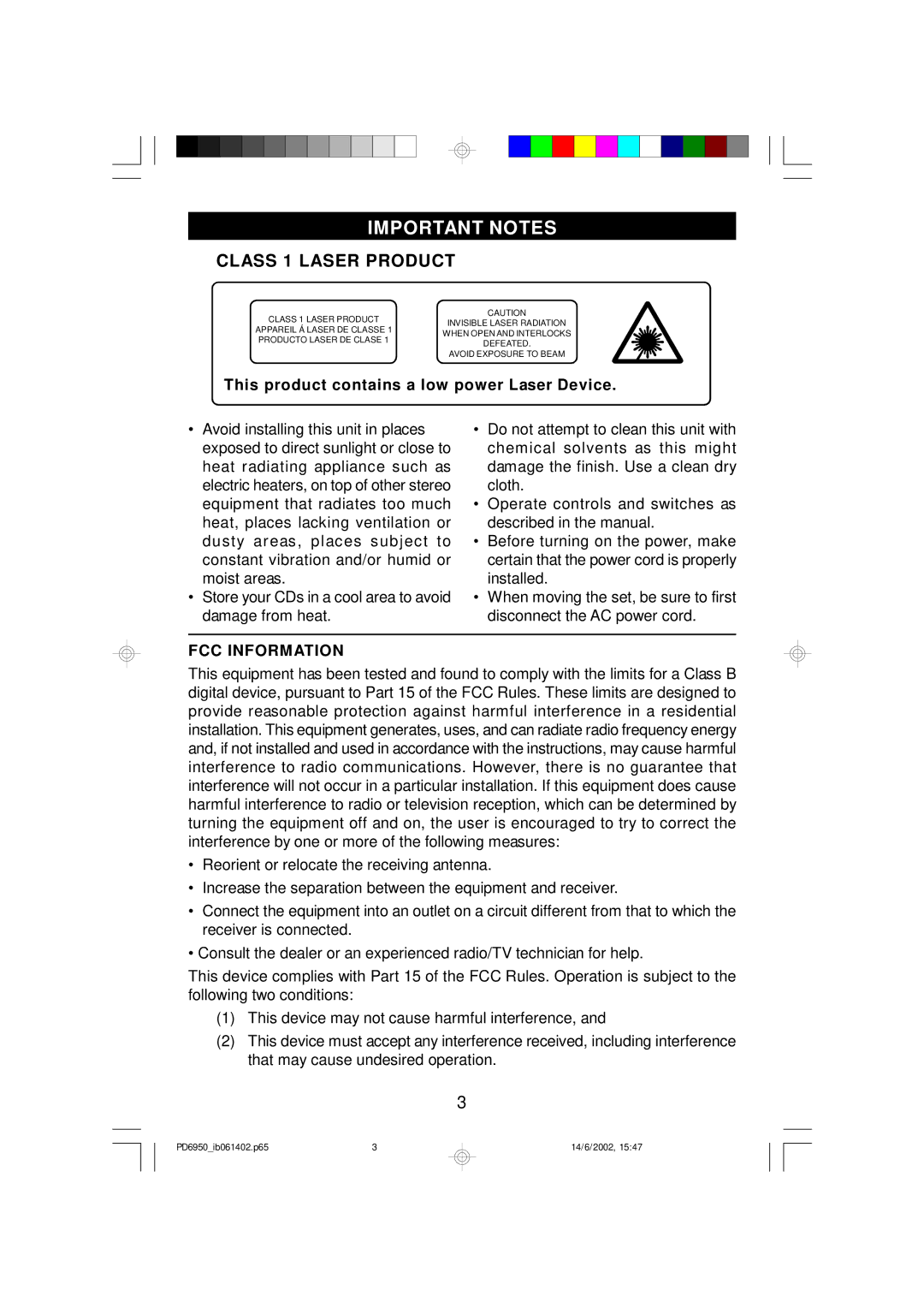 Emerson PD6950 owner manual Important Notes, Class 1 Laser Product 