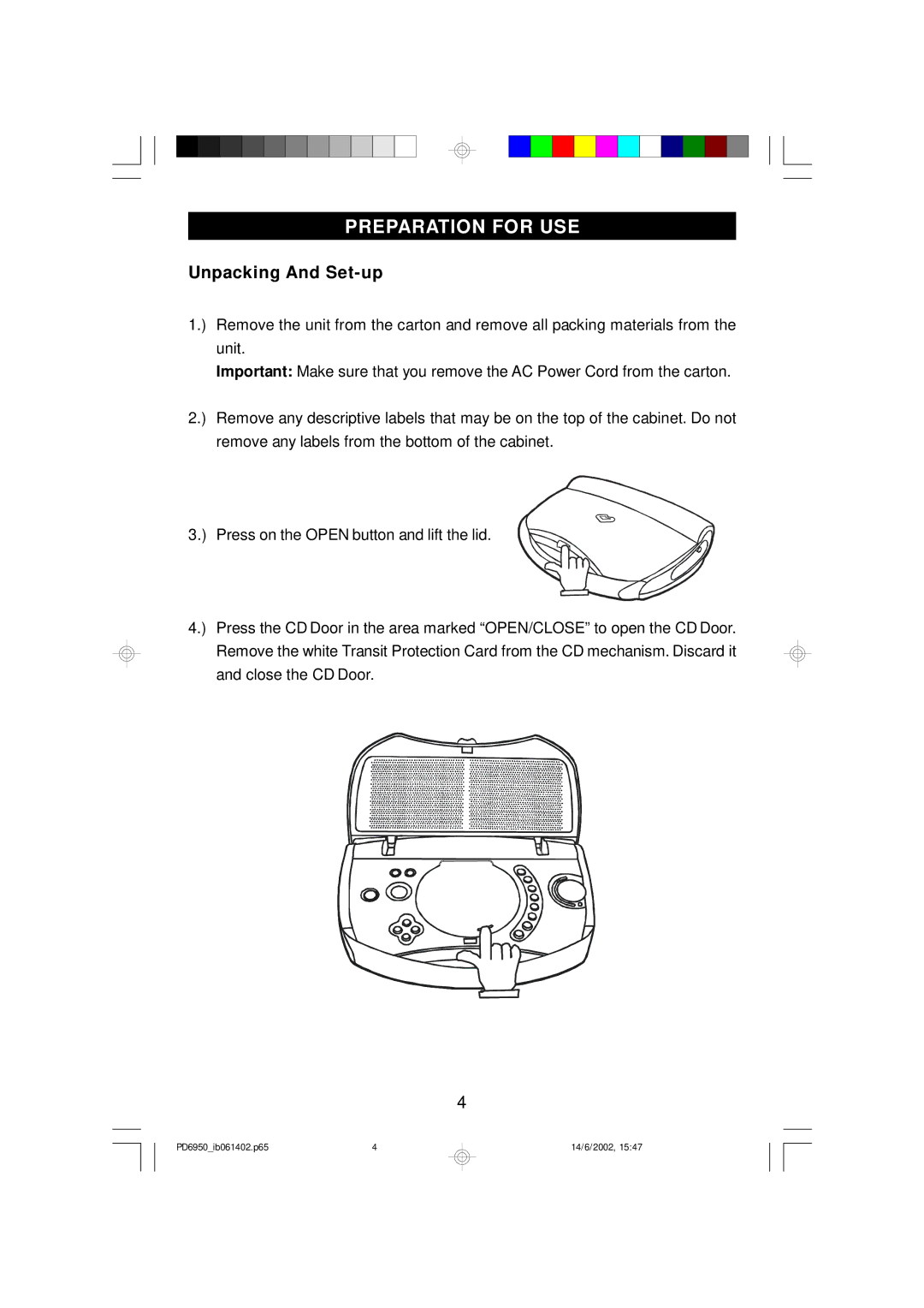 Emerson PD6950 owner manual Preparation for USE, Unpacking And Set-up 