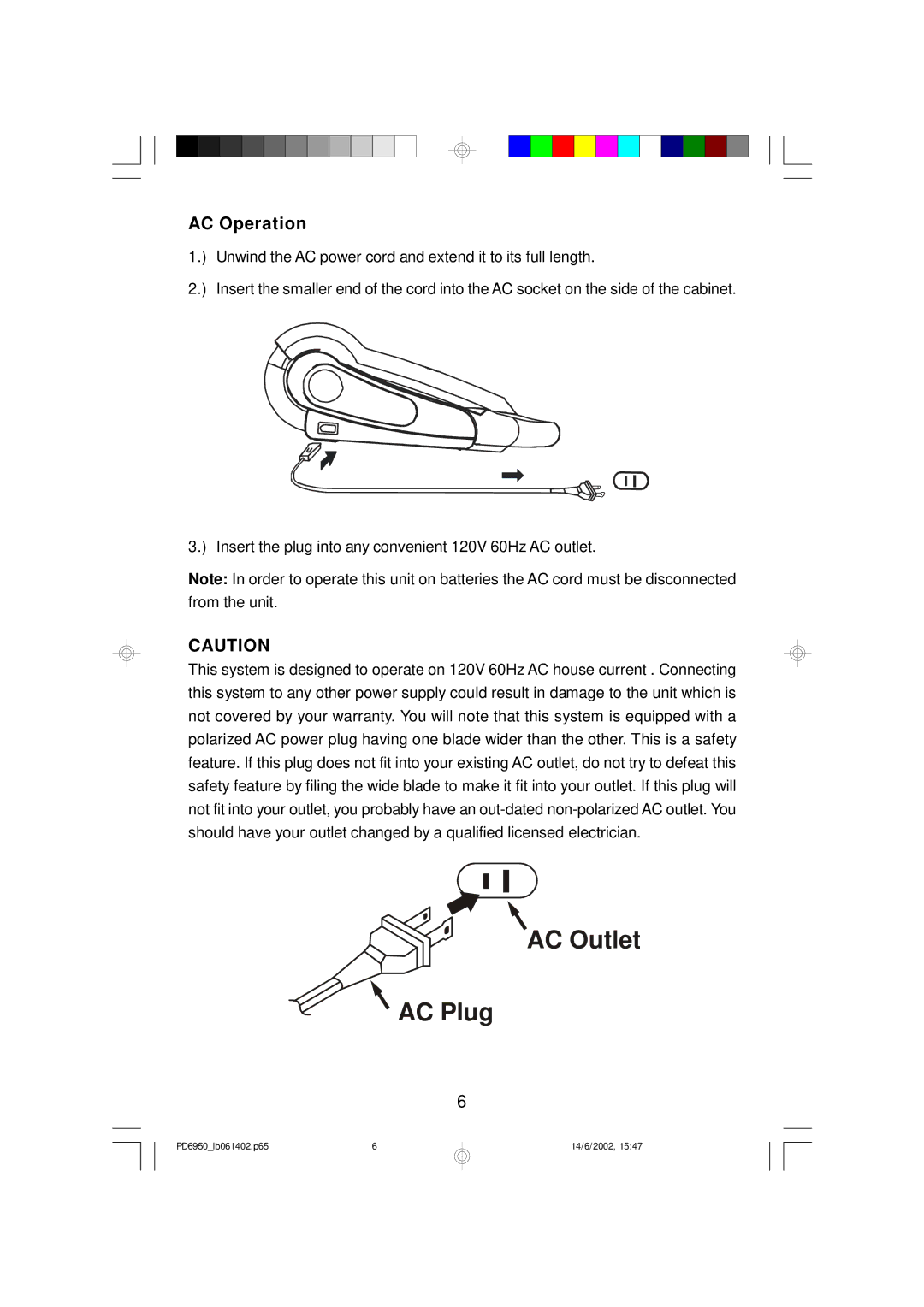 Emerson PD6950 owner manual AC Outlet AC Plug, AC Operation 