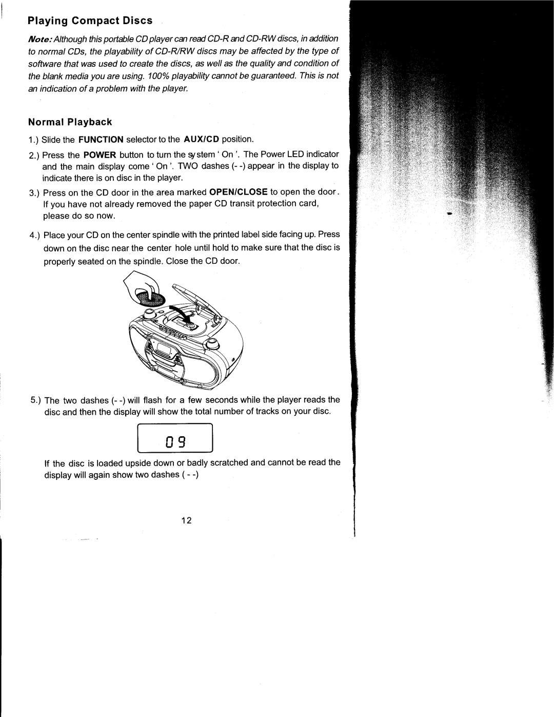 Emerson PD9127 owner manual Playing Compact Discs, Normal Playback, Slidethe Fungtion selectortothe AUX/CD position 