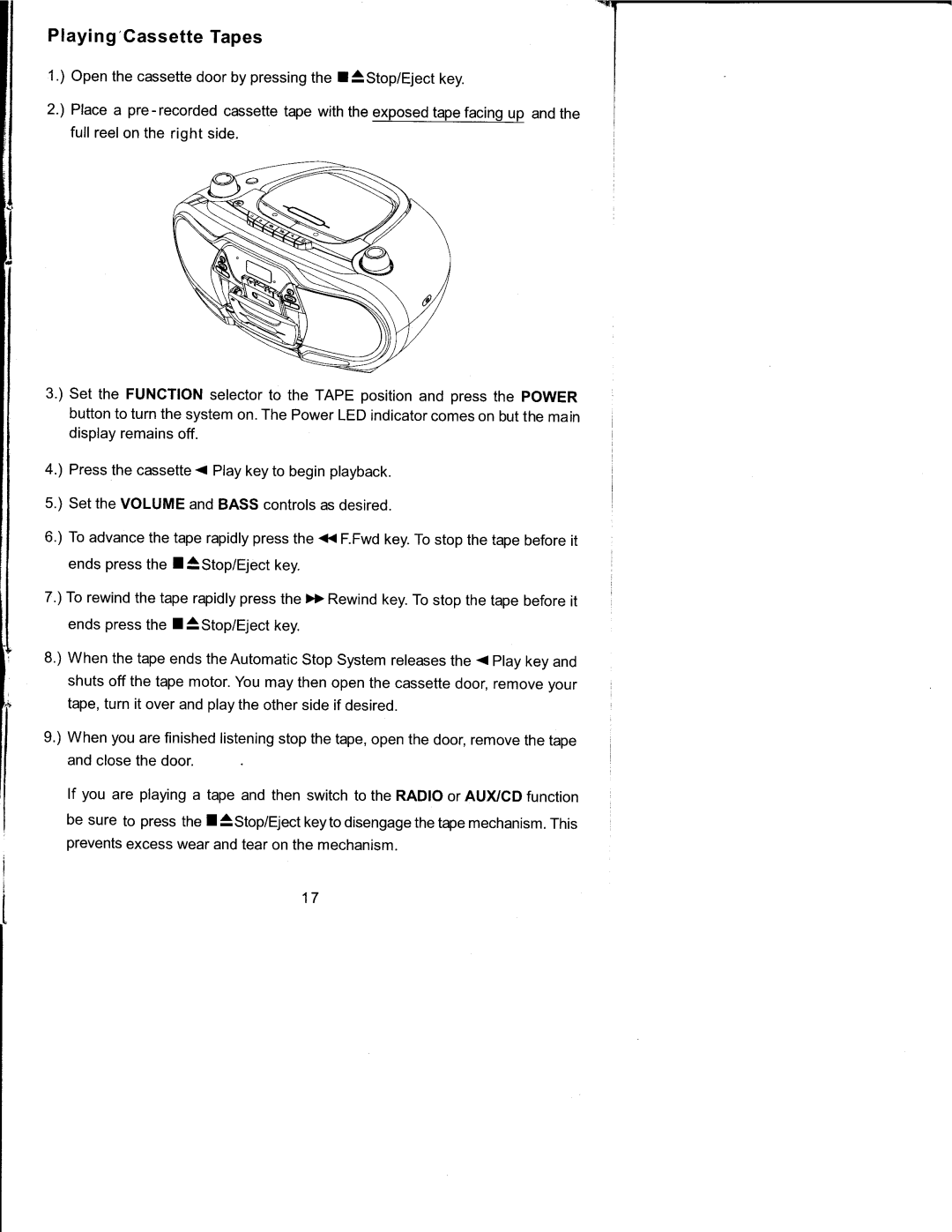 Emerson PD9127 owner manual Playi n gCassette Tapes, Display remains off, Set the Volume and Bass controls as desired 