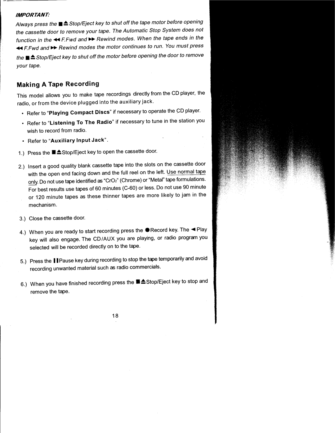 Emerson PD9127 owner manual Making a TaPe Recording, Refer to Auxiliarylnput Jack, IMPORTAilN 