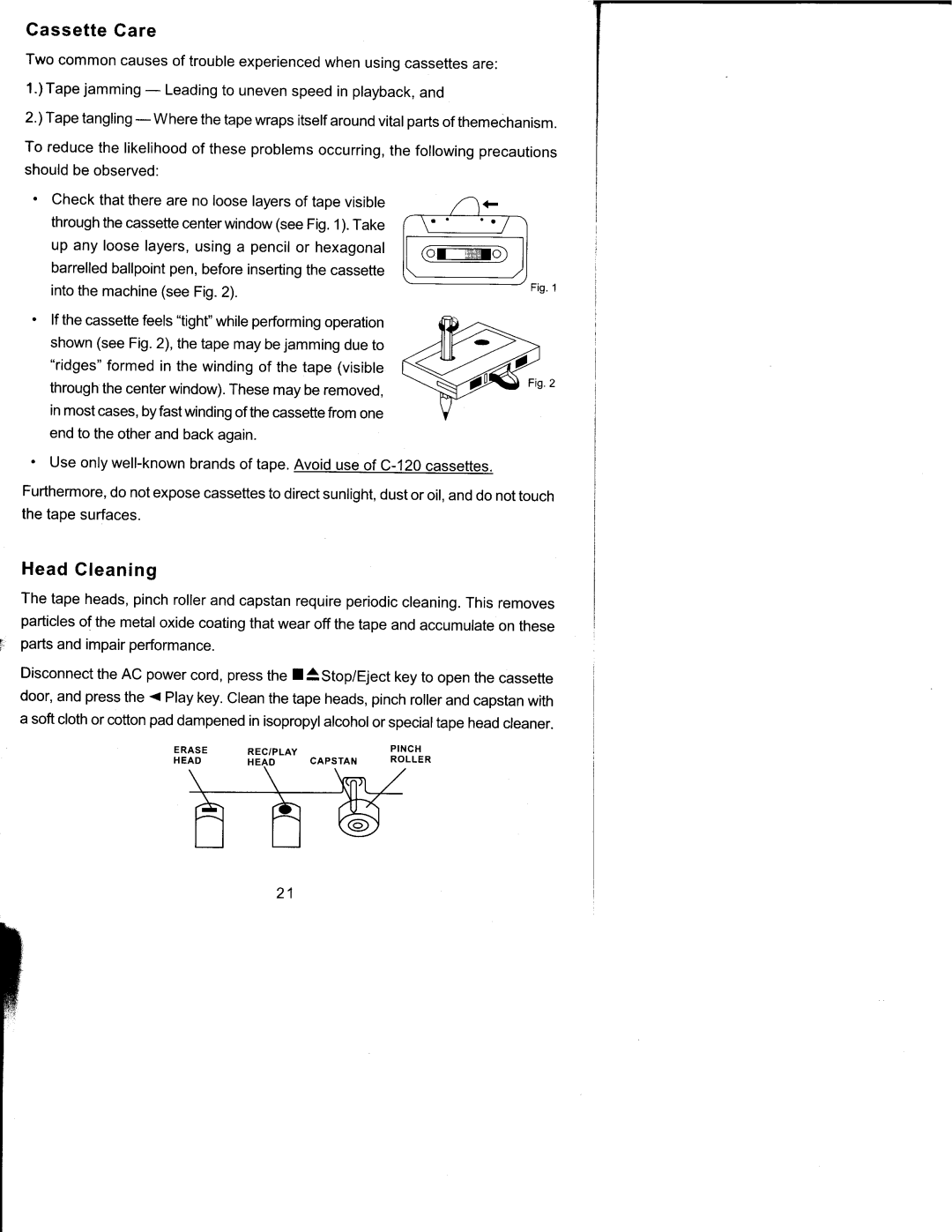 Emerson PD9127 owner manual Gassette Care, Head Gleaning, Ridges formed in the winding of the tape visible, Tape surfaces 