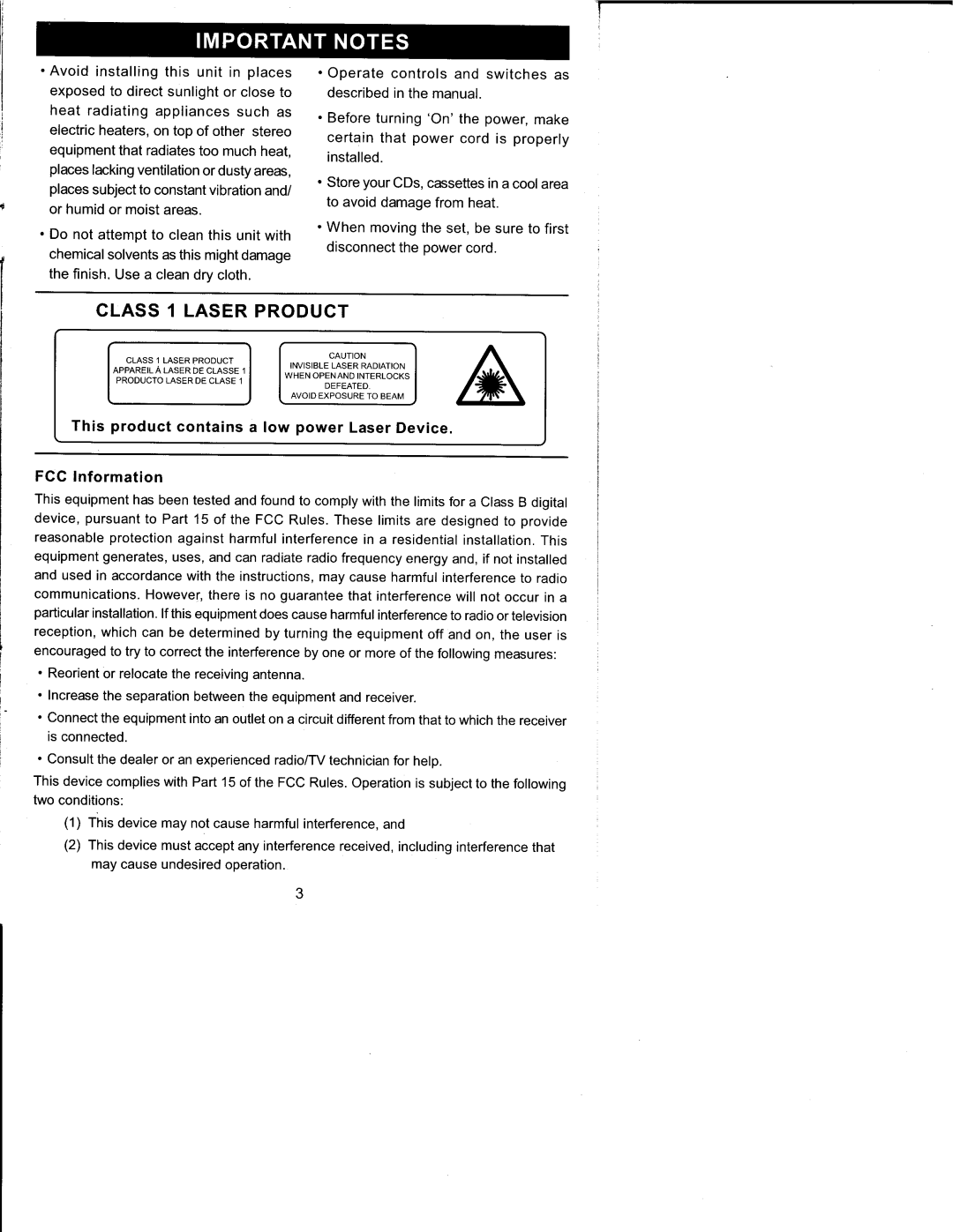 Emerson PD9127 owner manual Class l Laser Product, Avoid installing this unit in places, Heat radiating appliances such as 